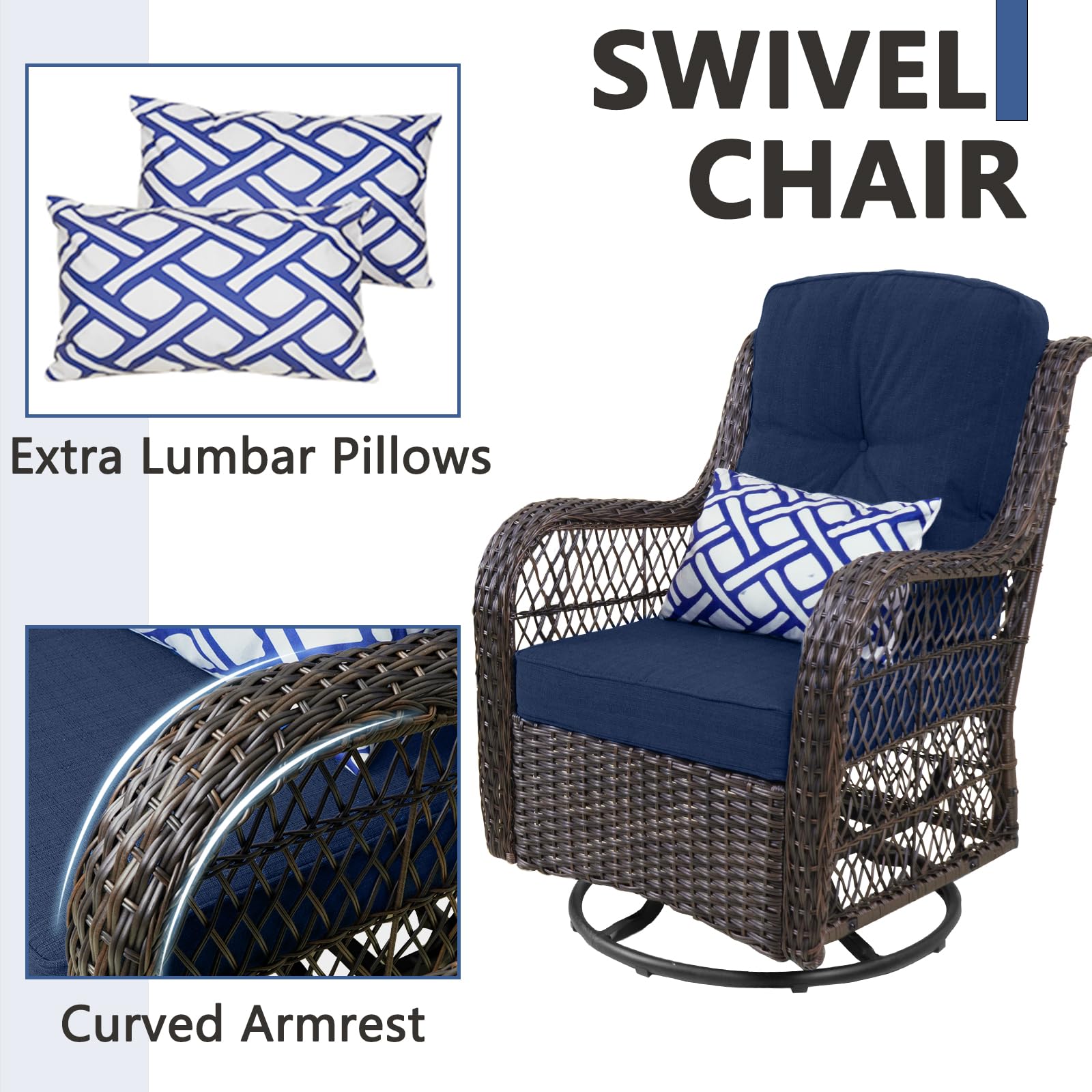3-Piece Outdoor Swivel Rocking Patio Furniture Set - Blue PE Wicker Rattan Chairs with Glass Table & 2 Cushions - Perfect for Garden, Poolside & Backyard Relaxation