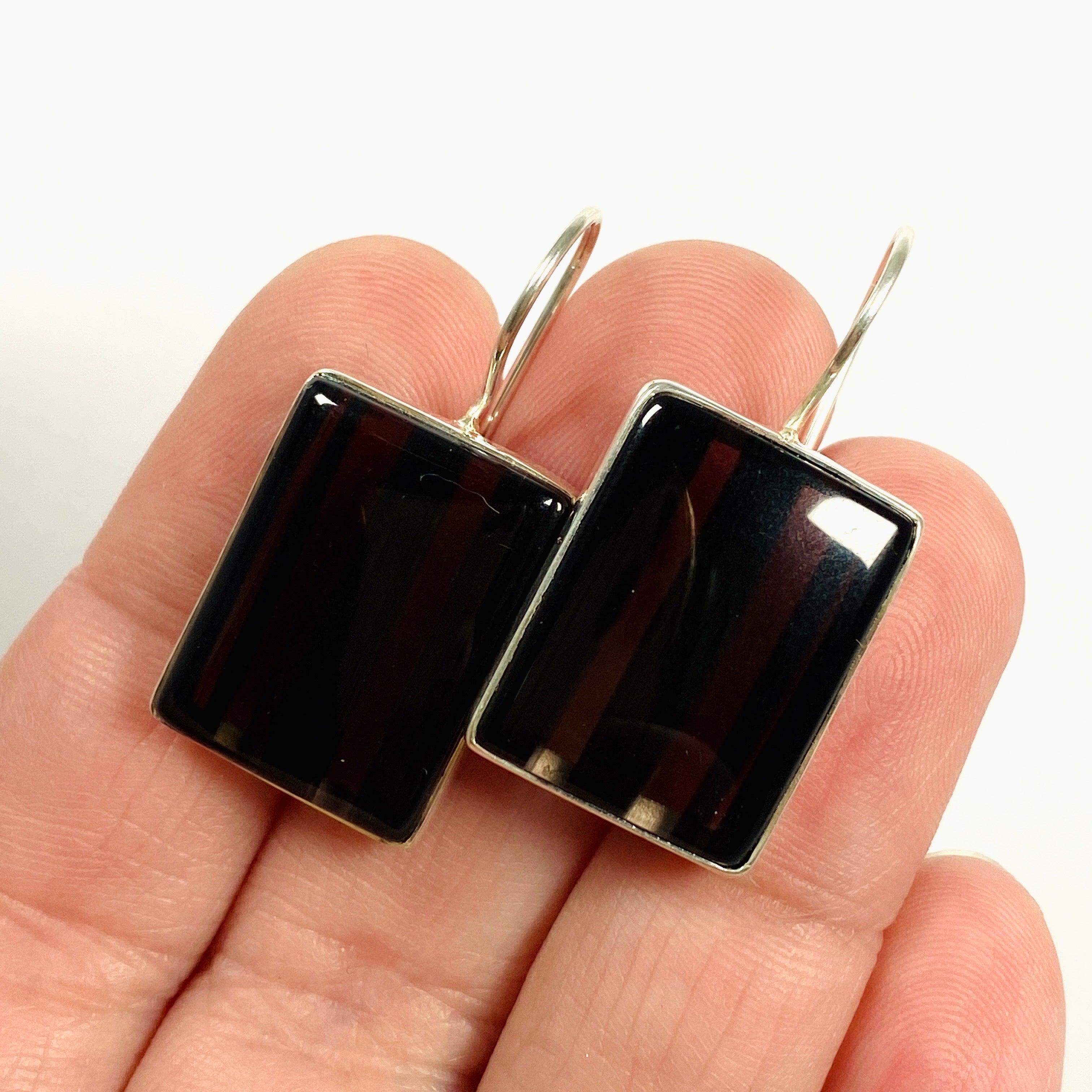 Midnight Obsidian Rectangular Hook Earrings for Women - Elegant Black Gemstone Jewelry for Parties, Weddings & Evening Events - KEGJ1351