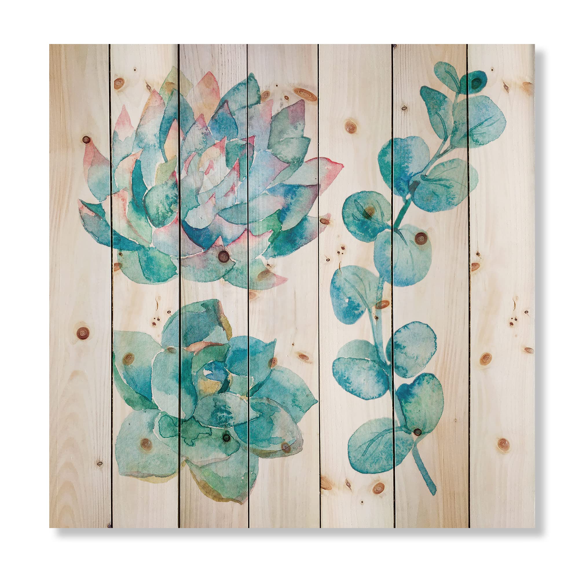 DesignQ Eucalyptus Leaves & Succulents Wood Wall Art - Handcrafted Pine Wood Decor with Floral Prints - Large Rustic Wall Panels for Living Room, Bedroom & Office Decor