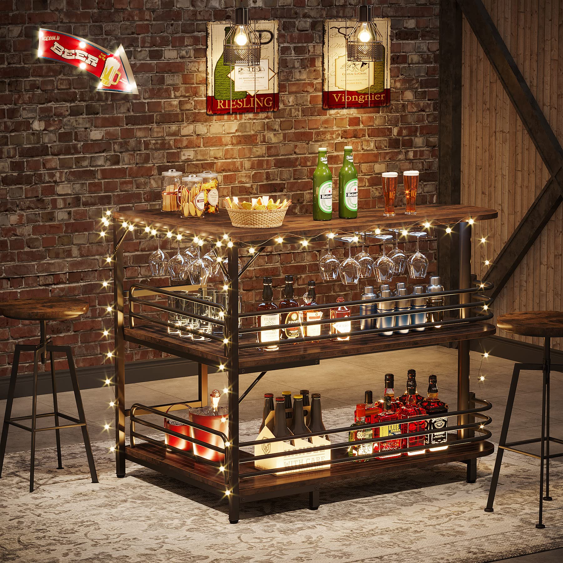 Tribesigns Industrial L-Shaped Home Bar Unit - 3-Tier Corner Liquor Cabinet with Storage Shelves & Wine Glass Holder - Rustic Brown Mini Bar for Kitchen, Living Room, Home Pub & Entertainment Spaces
