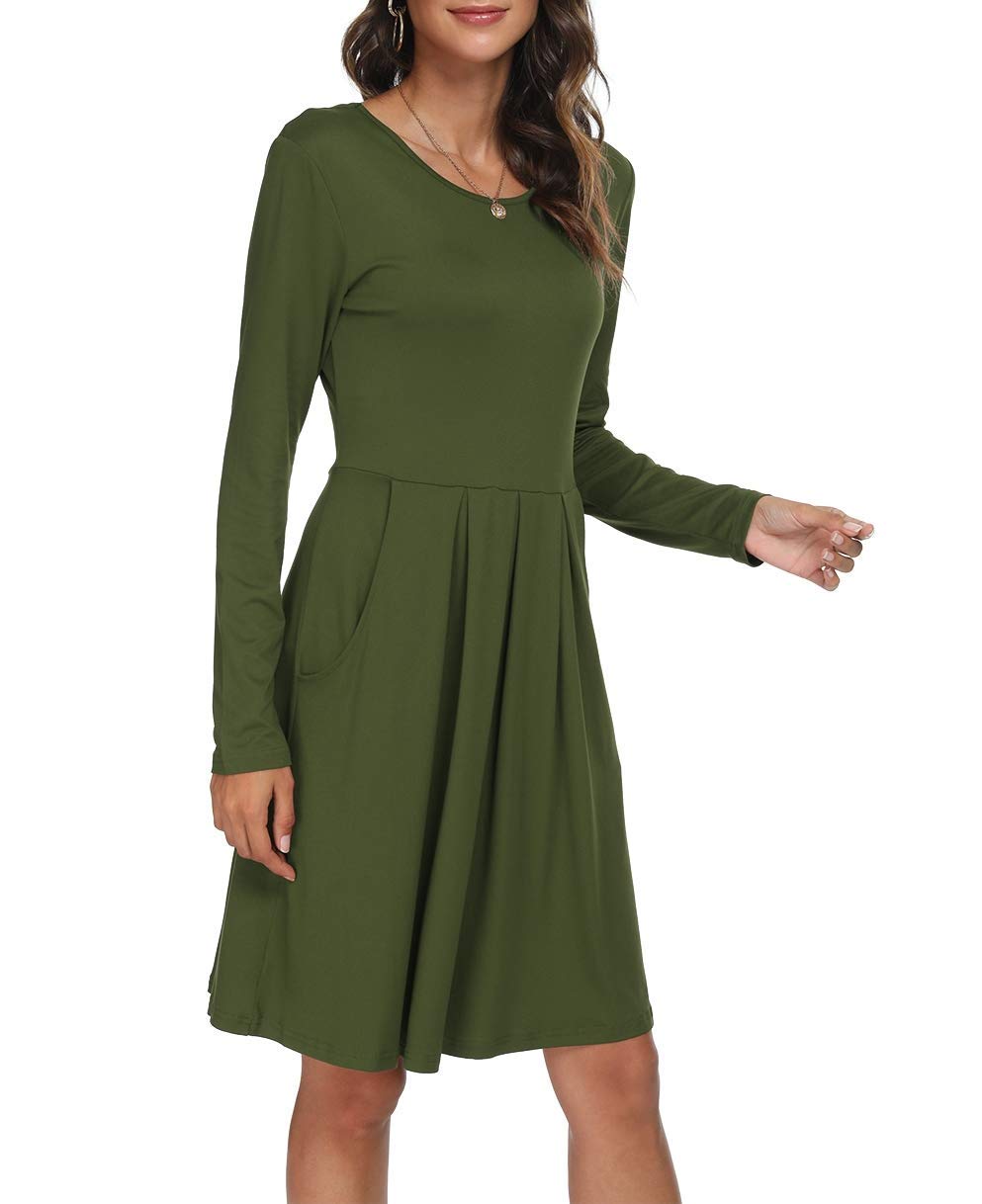 DouBCQ Women's Casual Long Sleeve Pleated Maxi Dress with Pockets - Elegant Flowy Fall Dress for Work, Date Night & Autumn Outings