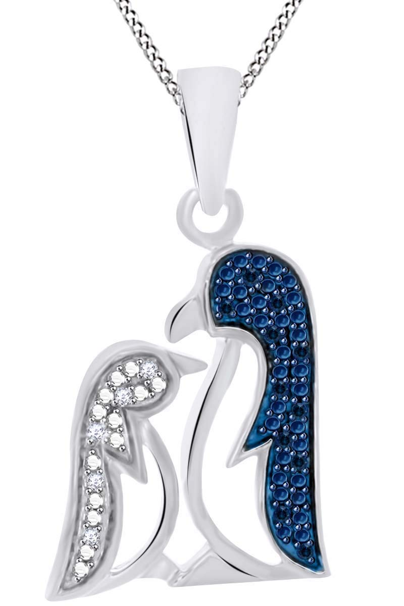 14K Gold Over Sterling Silver Blue & White Diamond Mom & Baby Penguin Pendant Necklace (0.15 CTTW) - Perfect Mother's Day Gift, Birthday Present & Anniversary Jewelry for Women