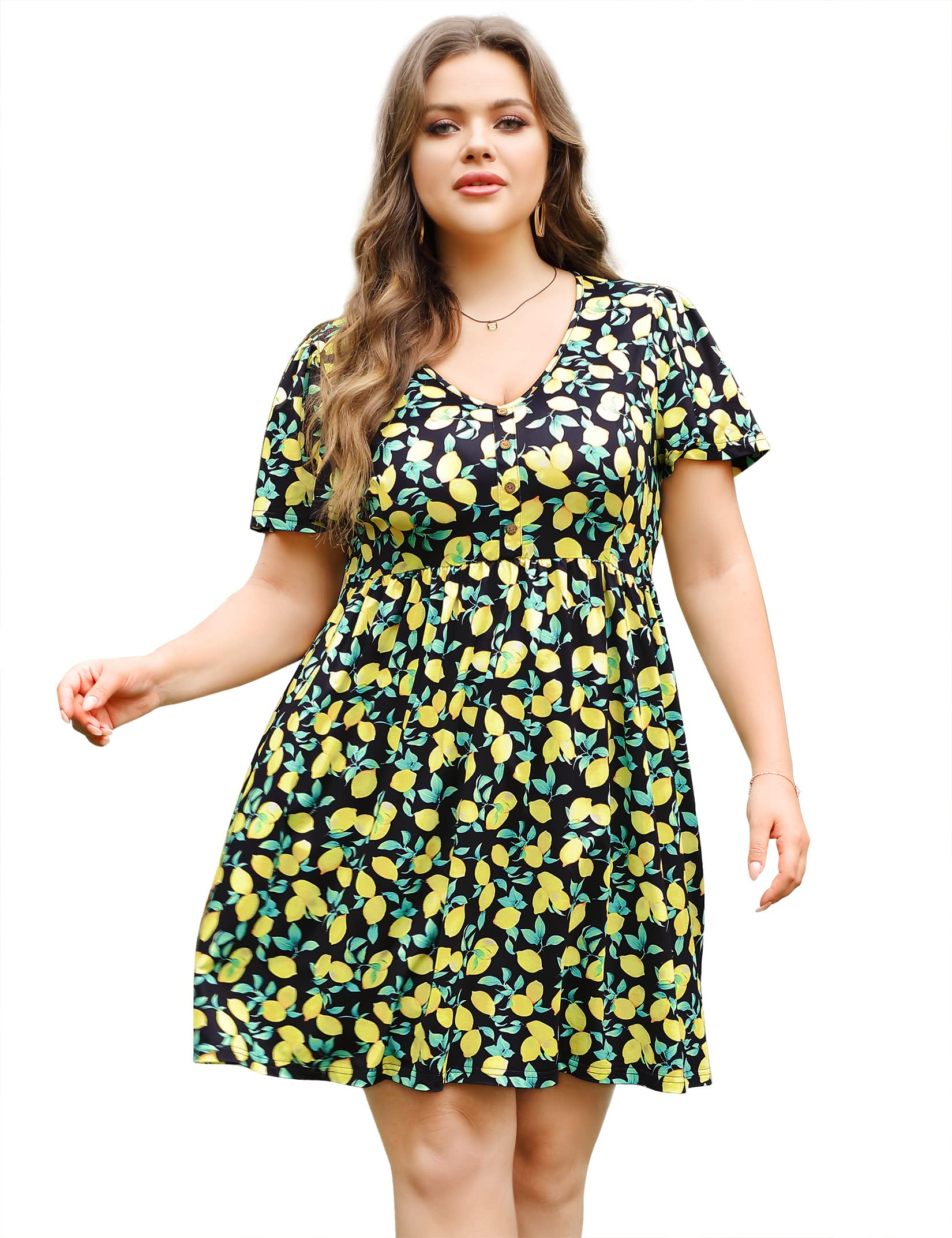 AMZ PLUS Women's Plus Size Floral Print V-Neck A-Line Wrap Dress with Button Front | Knee Length Casual & Office Wear | Perfect for Work, Date Night & Special Occasions