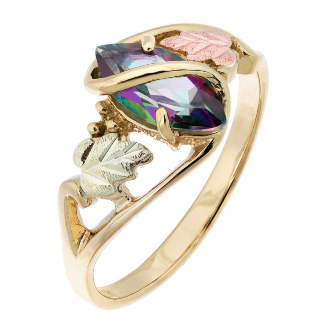 10K Yellow Gold Marquise Mystic Fire Topaz Wrap Ring with 12K Rose & Green Gold Black Hills Gold Accents - Elegant Jewelry for Weddings, Anniversaries & Special Occasions