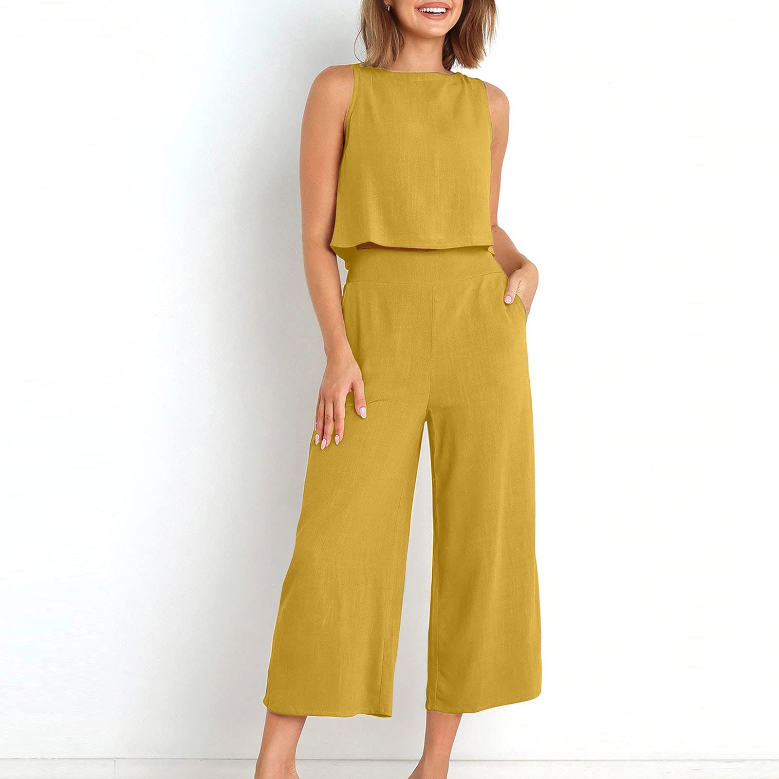 Stylish 2-Piece Linen Outfit Set for Women - Sleeveless Crop Top & Wide Leg Pants | Summer Matching Sets | Beachwear, Vacation Outfits, Casual Chic Ensemble