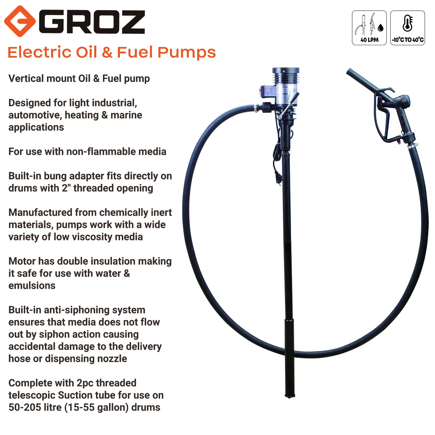 GROZ 230V AC Electric Oil & Diesel Drum Transfer Pump | 10.5 GPM Flow Rate | Double Insulated Motor | Fits 15-55 Gallon Drums | Telescopic Suction Tube (Model 45520) | Ideal for Industrial Fuel Transfer, Workshop Lubricant Dispensing & Drum Maintenance