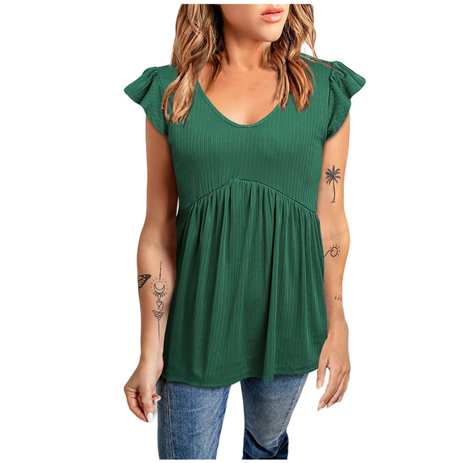 Women's Peplum Tops - Summer Cap Sleeve Casual Shirts, Solid Color Scoop Neck Flowy Blouses & Trendy Tunic Tops for Work, Date Night & Vacation Outfits