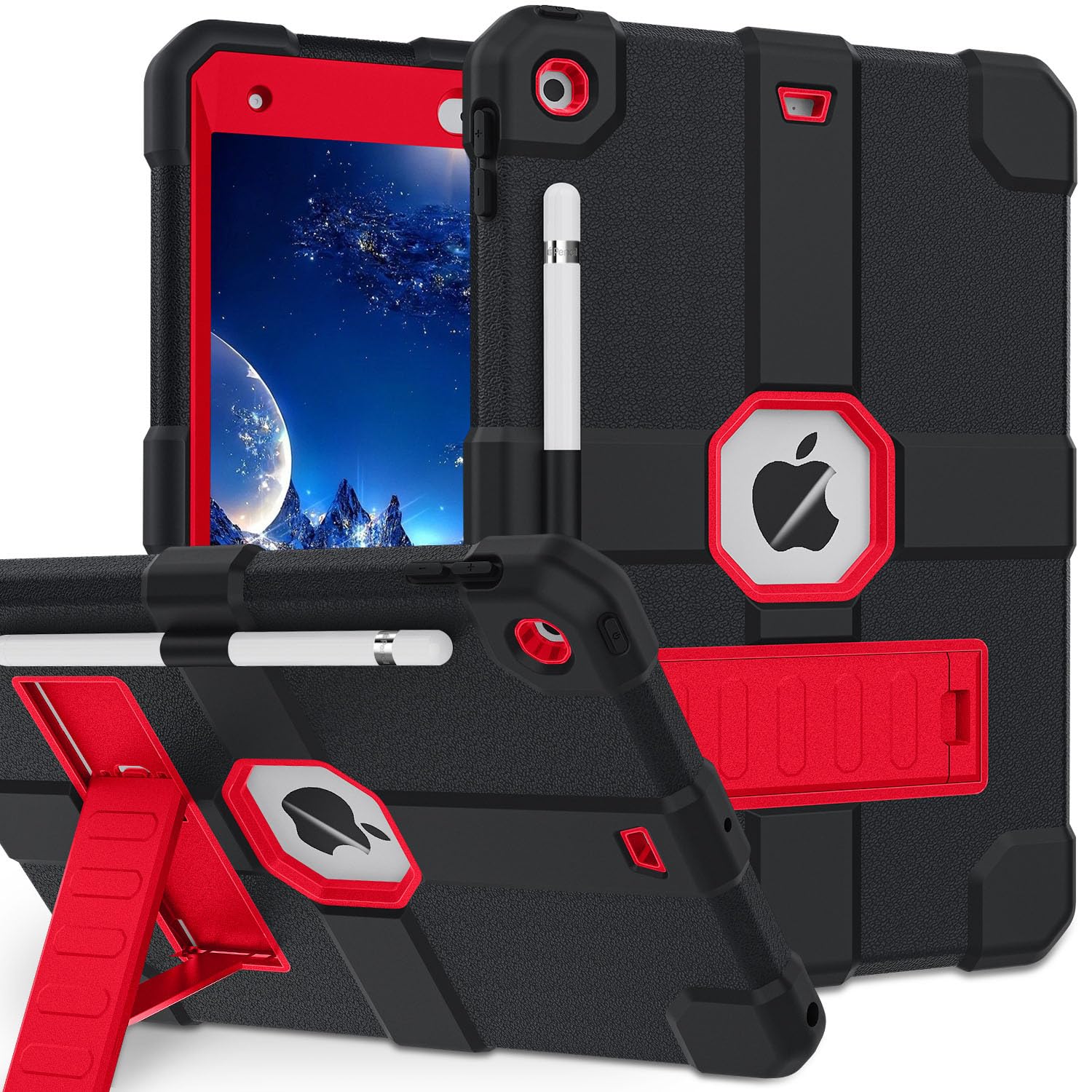 Shockproof Rugged Case for iPad 9th/8th/7th Generation 10.2 Inch (2021/2020/2019 Models) - Heavy Duty Protective Cover with Built-in Stand | Perfect for Work, Travel & Outdoor Use (Red & Black)