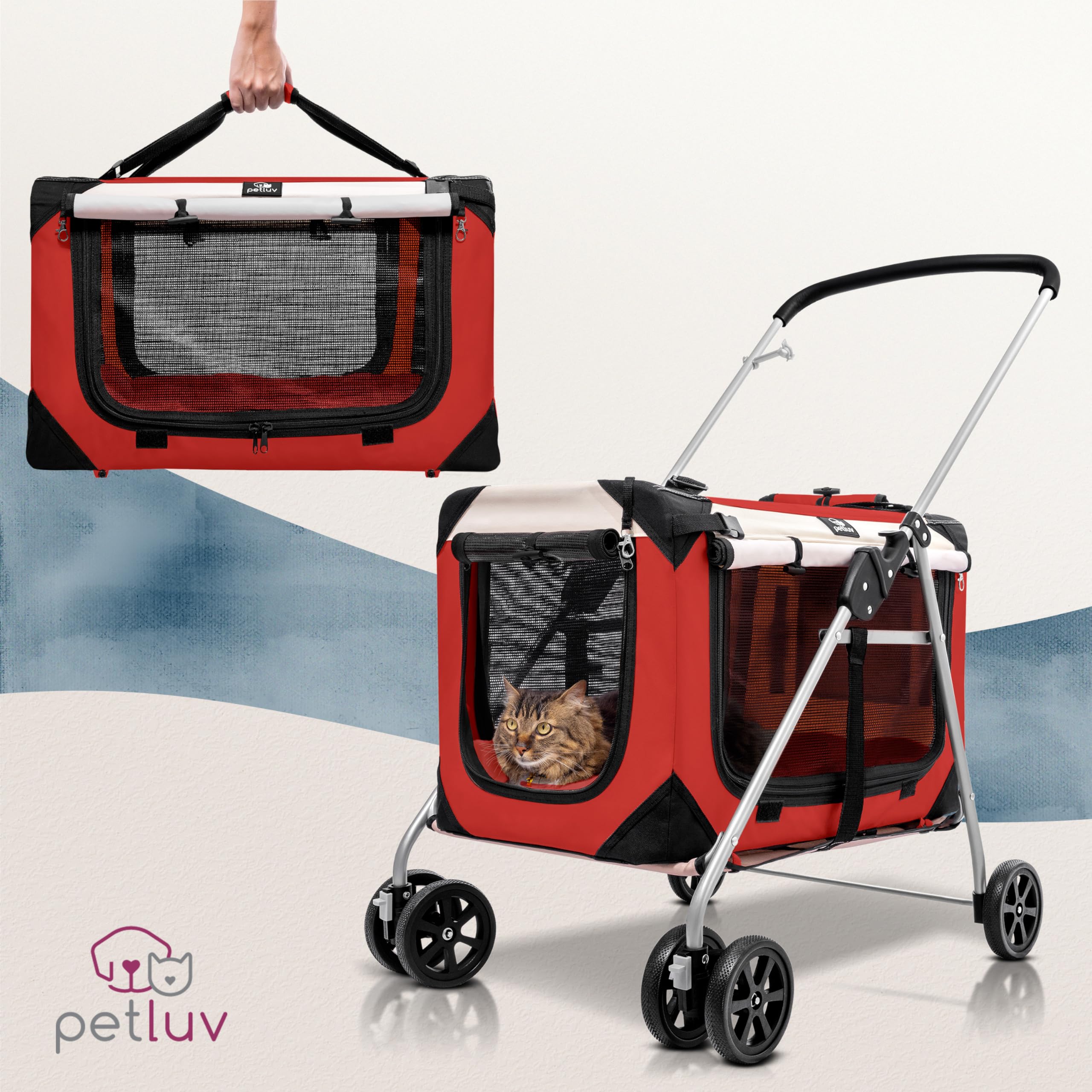 Premium Pet Stroller for 2 Cats or Small to Medium Dogs (10-45 lbs) - Lightweight & Durable Red Design - Perfect for Park Walks, Vet Visits & Shopping Trips