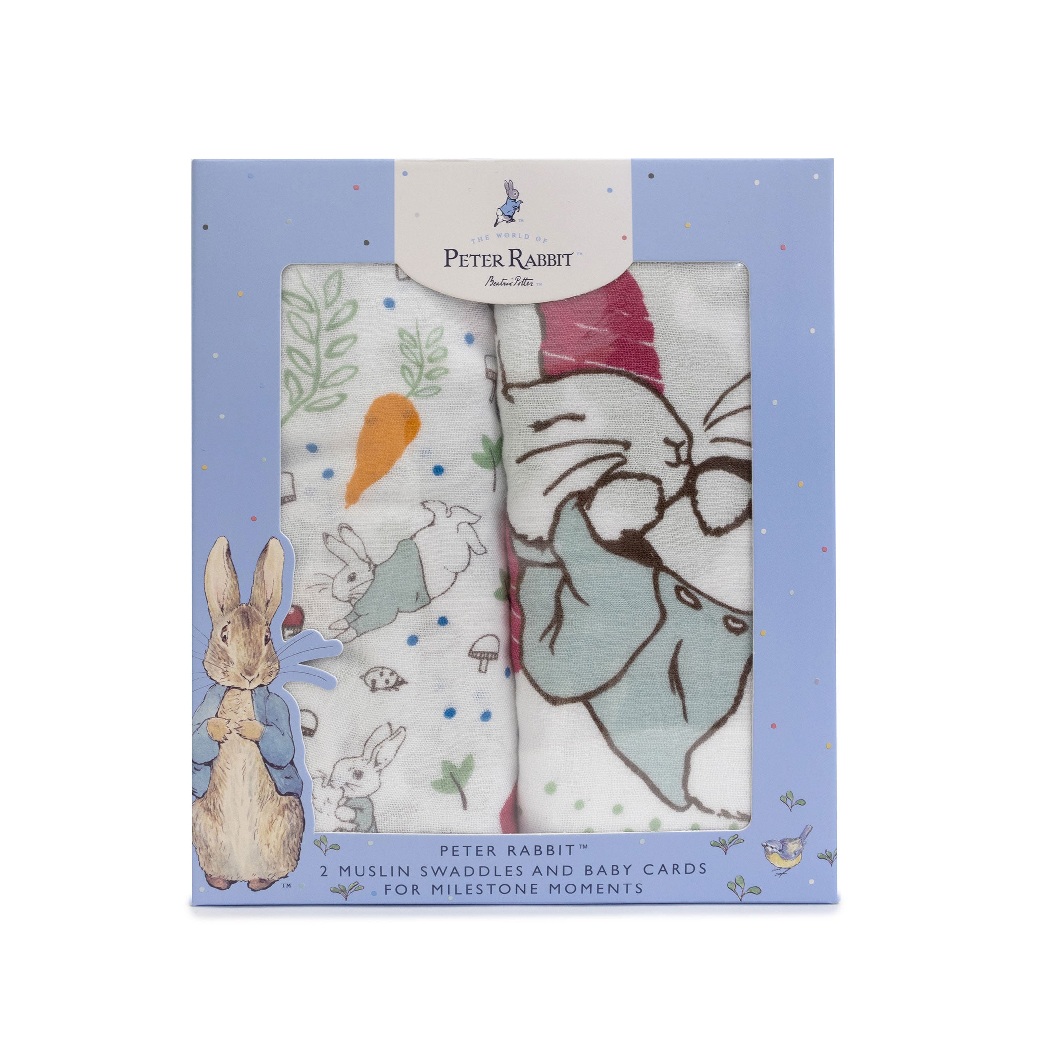 Peter Rabbit 'New Adventure' 2-Pack Muslin Swaddle Blankets & Milestone Cards Set - Blue | Soft Baby Swaddles for Newborns & Photo Props for First Year Memories | Perfect Baby Shower Gift & Nursery Essentials