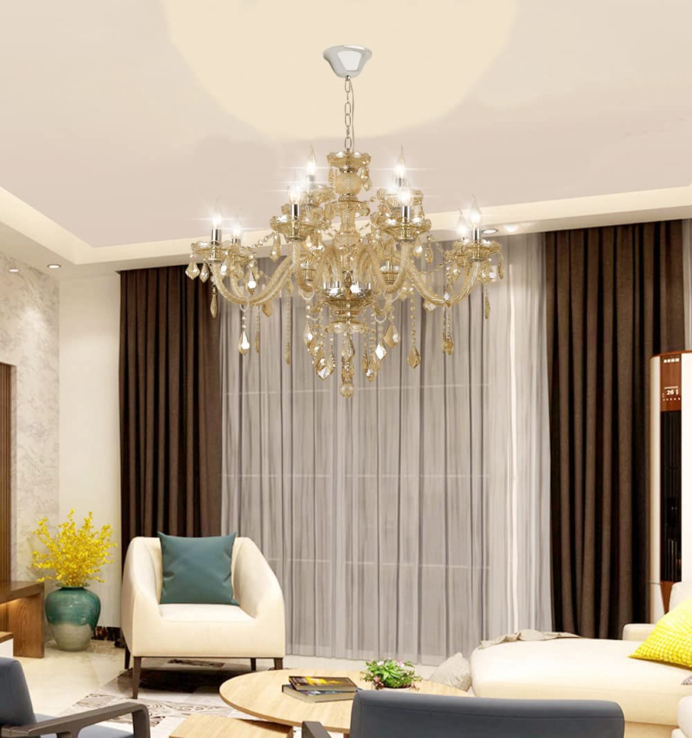 Modern Luxury K9 Crystal Chandelier - 12-Light Cognac Crystal Pendant Light Fixture with Candle Style Design for Dining Room, Hotel, Hallway, Bar & Restaurant Lighting | Elegant Ceiling Light for Wedding Venues, Luxury Homes & Fine Dining Establishments