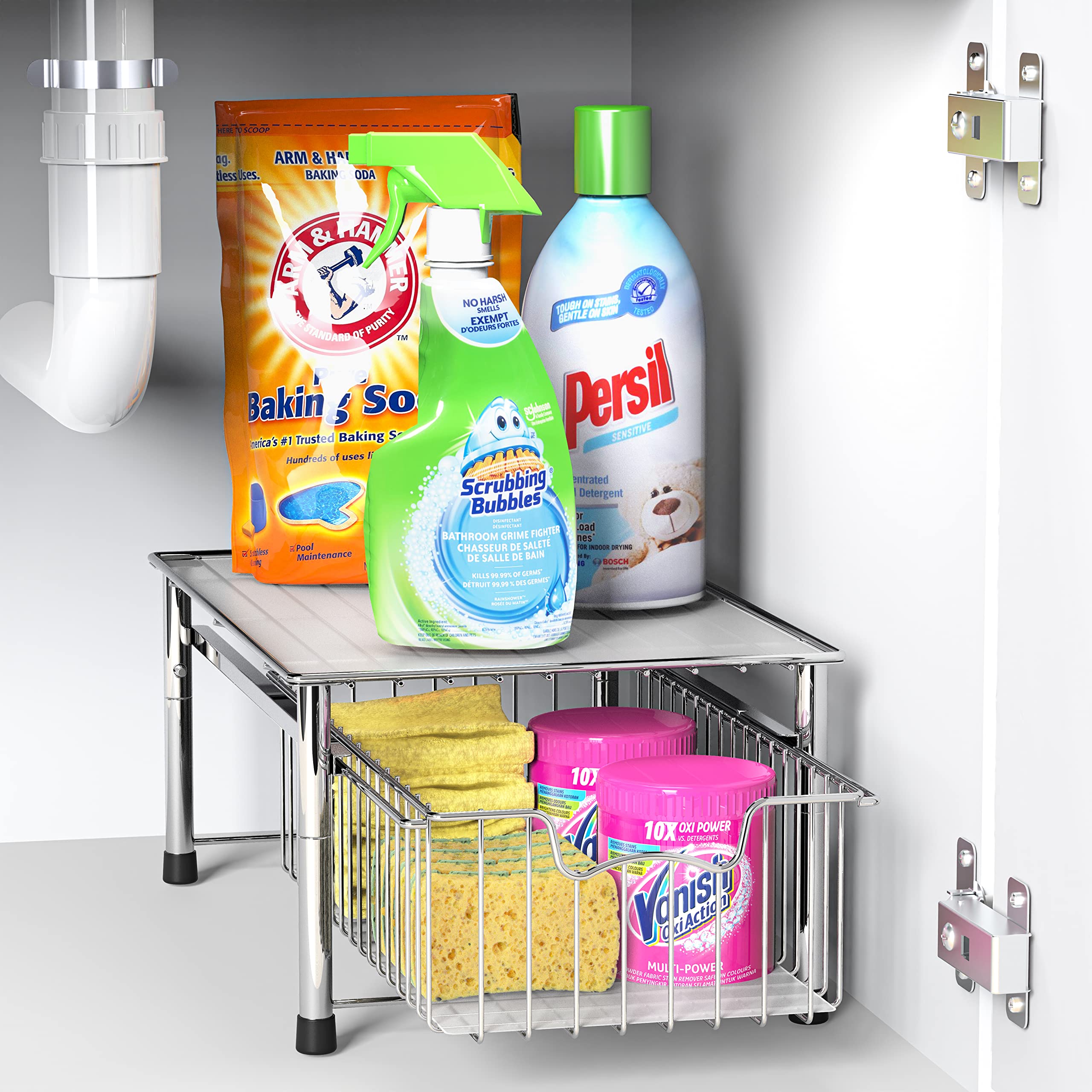Stackable Chrome Wire Basket Drawer for Kitchen, Bathroom & Office Organization - Simple Houseware Storage Solution for Cabinets, Shelves & Closets
