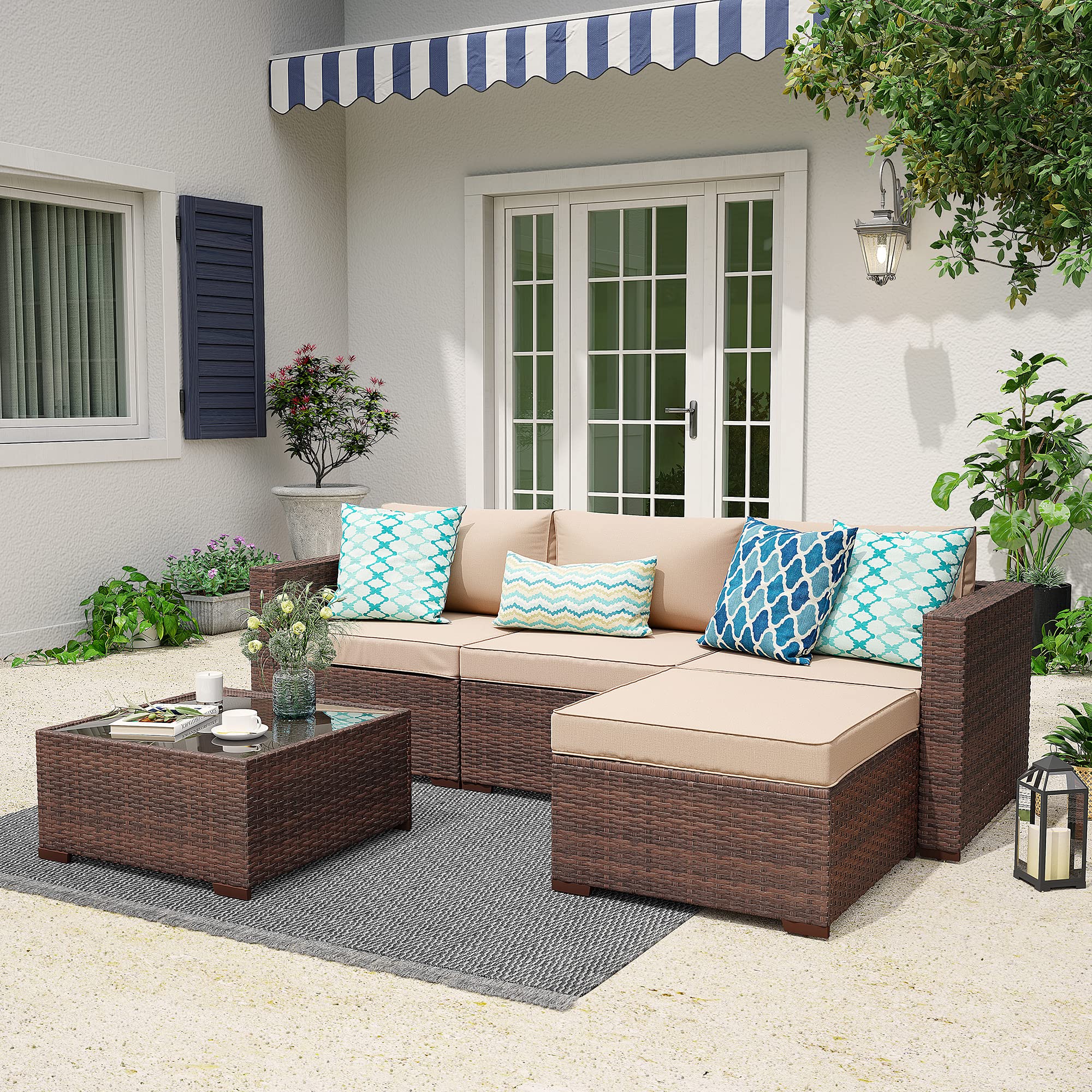 **5-Piece Brown PE Wicker Rattan Outdoor Patio Furniture Set with Cushions & Coffee Table – Perfect for Garden, Poolside, and Backyard Relaxation**