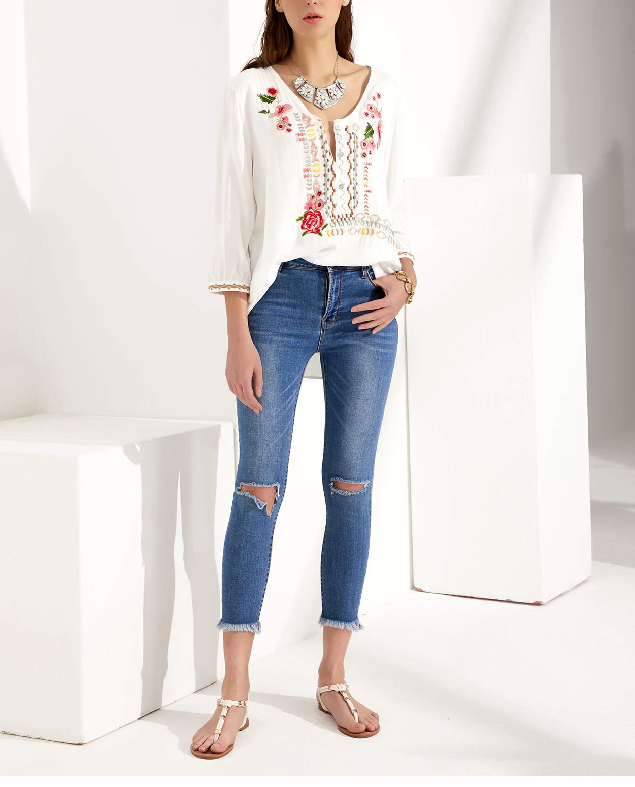 Mansy Women's Embroidered Bohemian Blouse - 3/4 Sleeve V-Neck Loose Mexican Peasant Tunic Top for Casual Wear & Summer Outfits