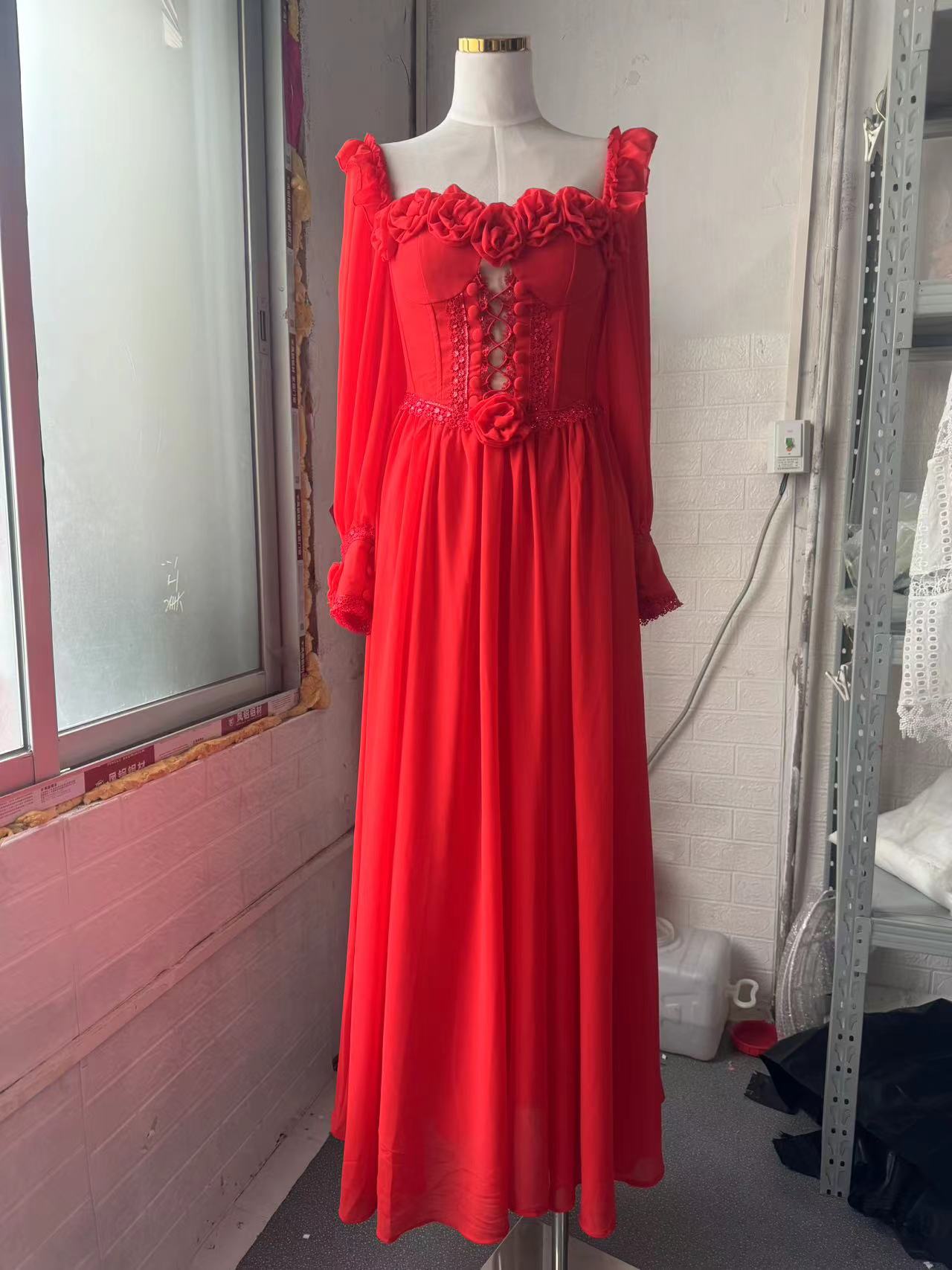 Elegant Red Chiffon 3D Flower Long Sleeve Midi Dress for Women - Perfect for Weddings, Parties & Special Occasions