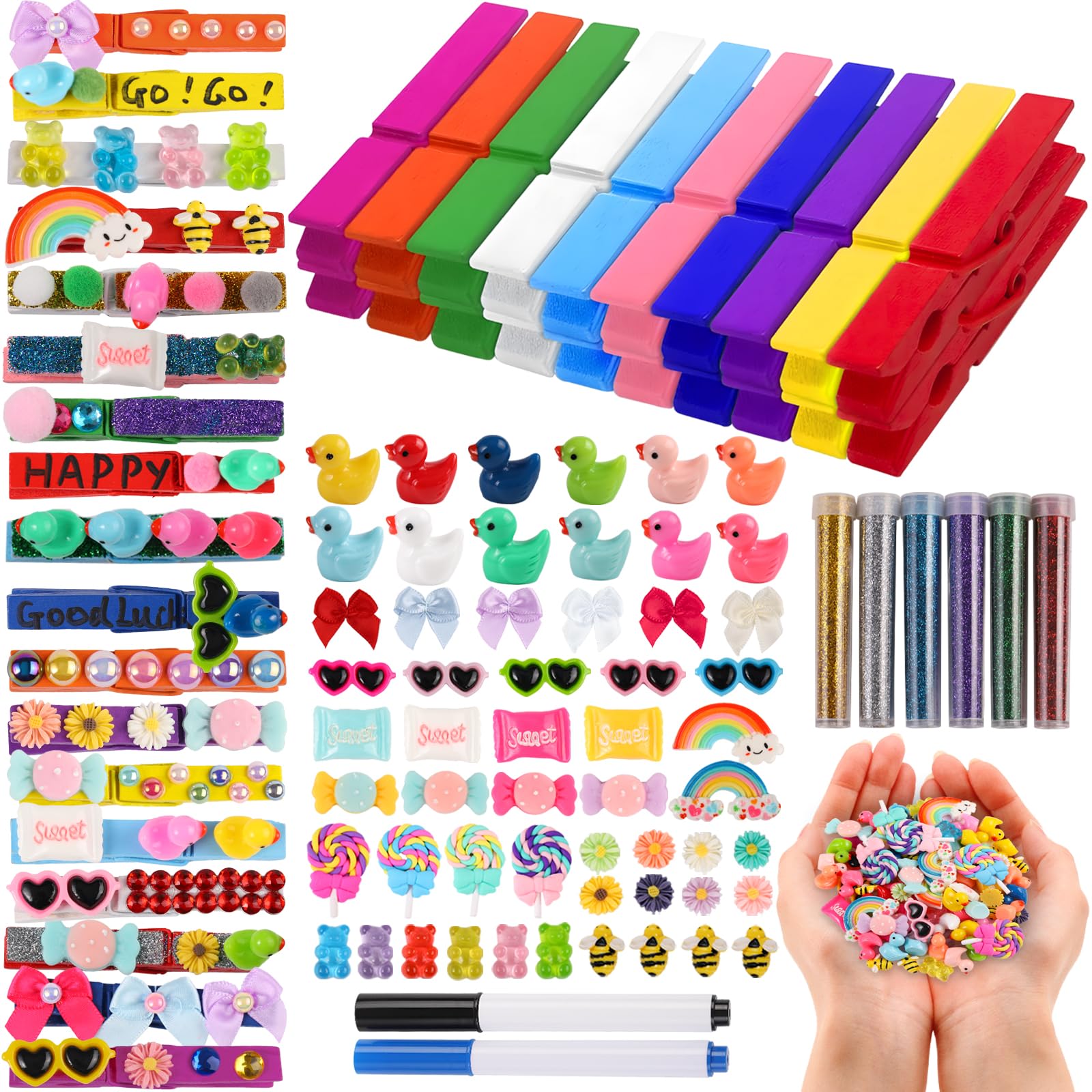 80-Piece Cheer Pins Set - Colorful Wooden Spirit Clips for Backpacks, Clothes & Decorations - Includes 90 Mini Resin Ducks & Bows - Perfect for Cheerleading Teams, Classroom Gifts & Party Decor (Assorted Colors)