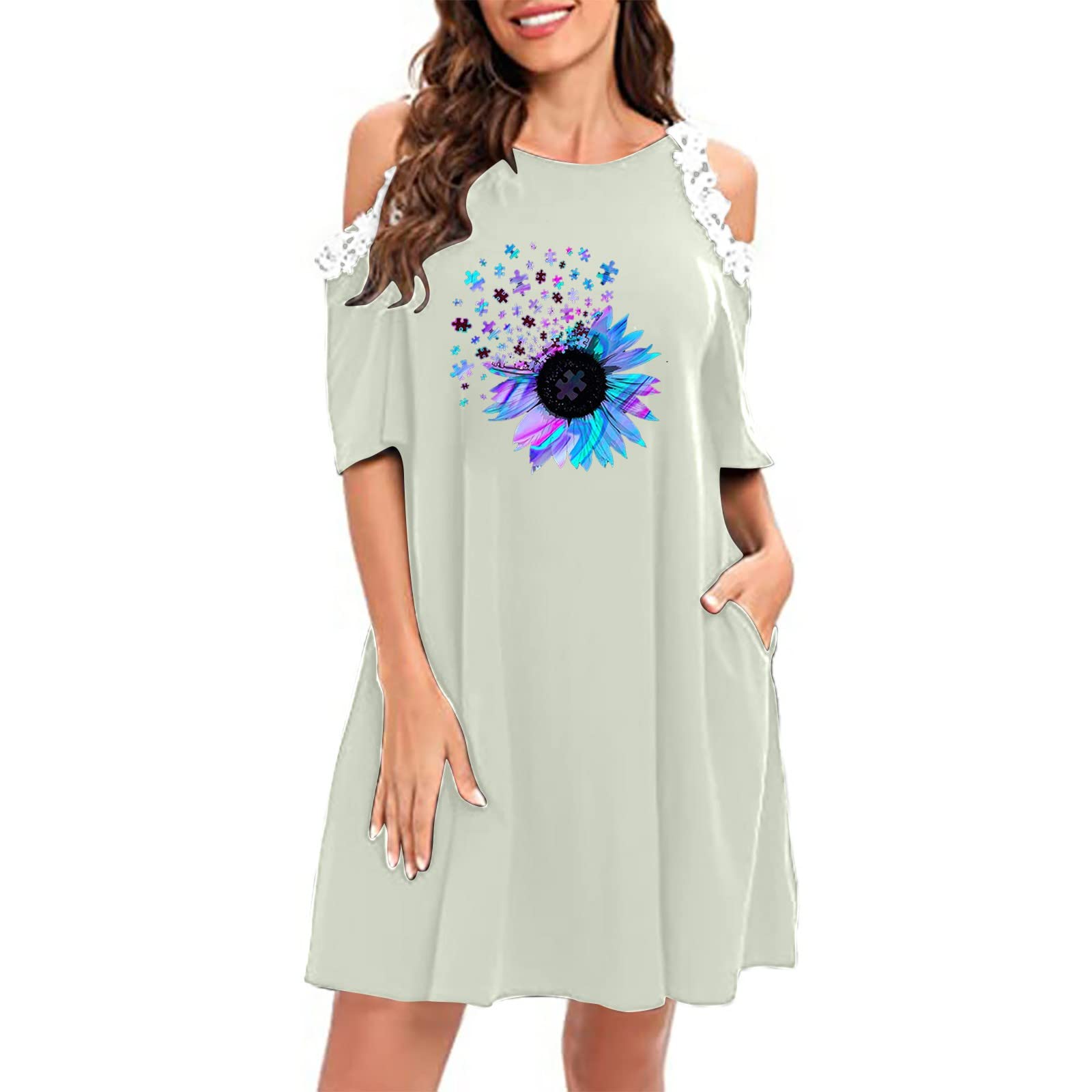 Women's Summer Sundresses - Solid Color Off Shoulder Lace Short Sleeve Mini Beach Dresses | Casual Flowy Dress for Vacation, Pool Party & Outdoor Date