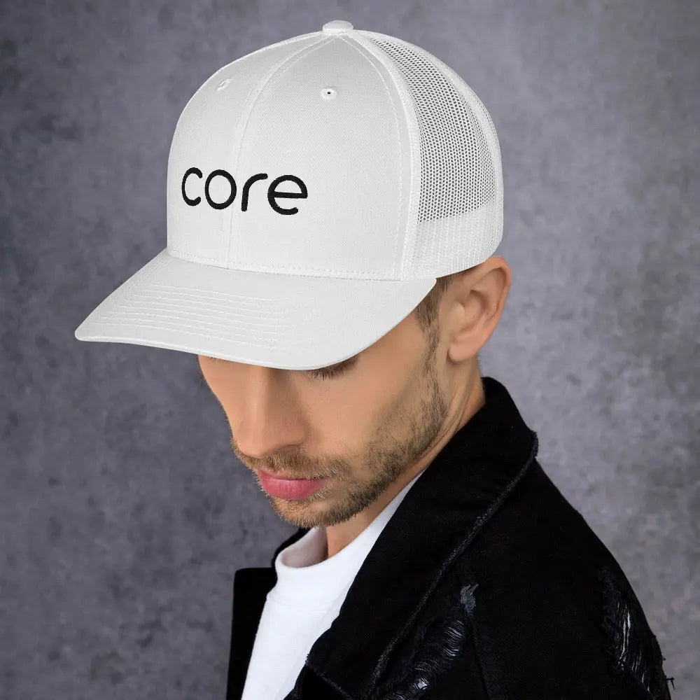 CORE Swimcore Trucker Hat - White Performance Mesh Snapback for Swimming, Fitness & Outdoor Activities | Lightweight Breathable Coach Cap for Men & Women