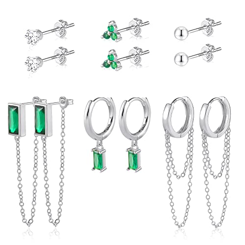 6Pairs Silver Emerald