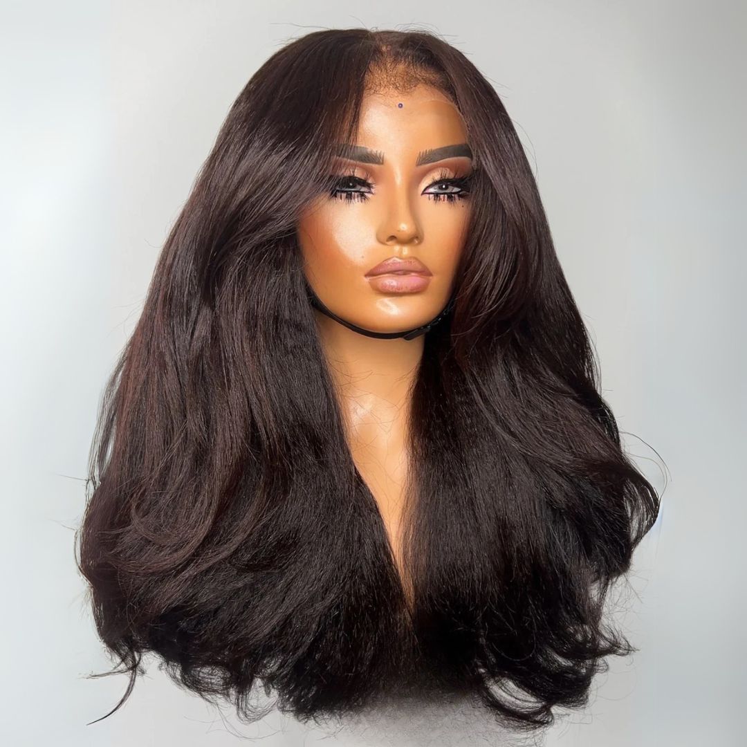 Eullair 13x4 Lace Front Wig - Two Tone Chocolate Yaki Straight Human Hair Wig with Curtain Bangs & Layered Cut | Custom Color | Perfect for Daily Wear, Cosplay & Special Occasions