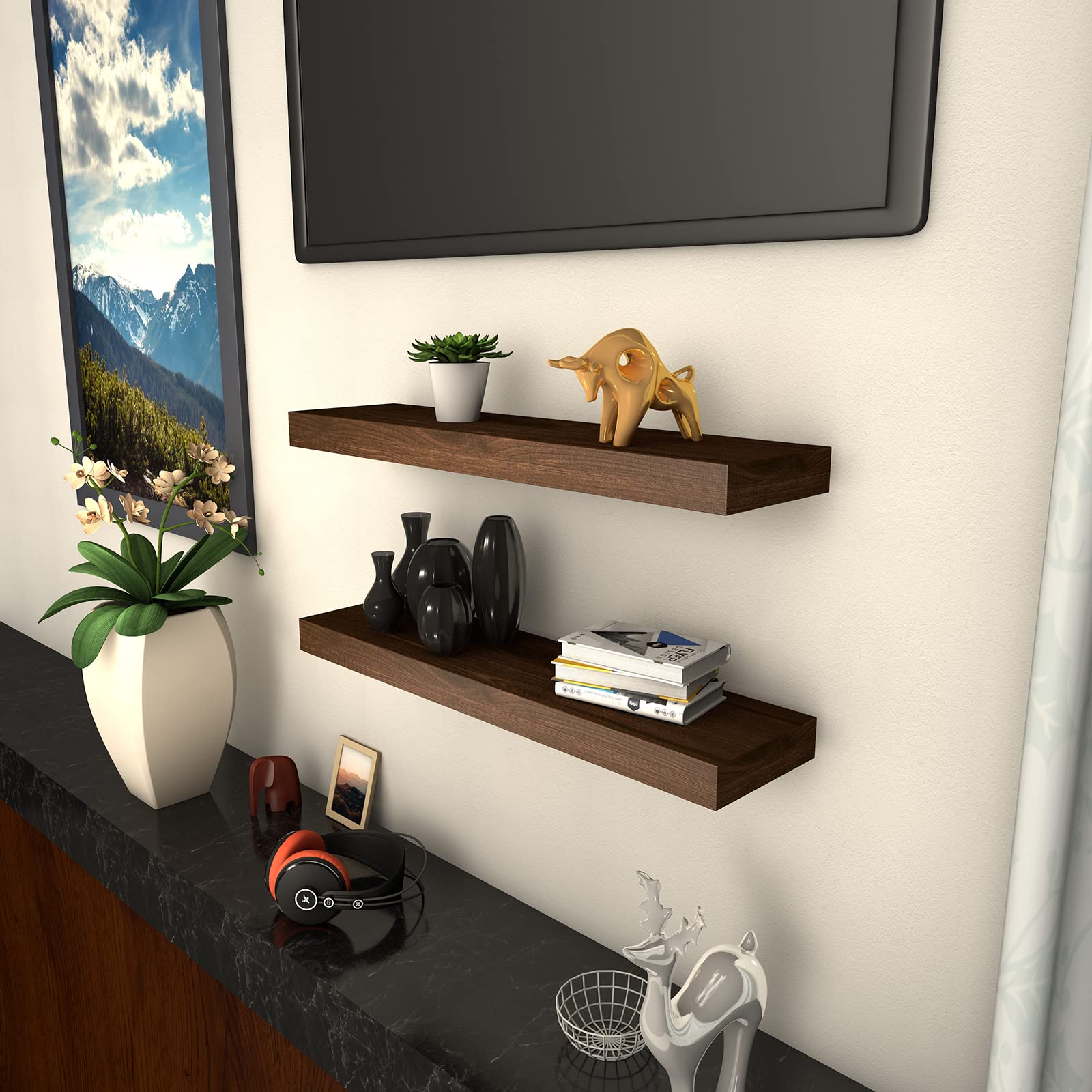 Set of 2 Floating Shelves Wall Mounted - 36 Inch Rustic Wood Wall Storage Shelves for Bedroom, Living Room, Bathroom, Kitchen & Office - Dark Walnut - Perfect for Displaying Decor, Books & Organizing Spaces