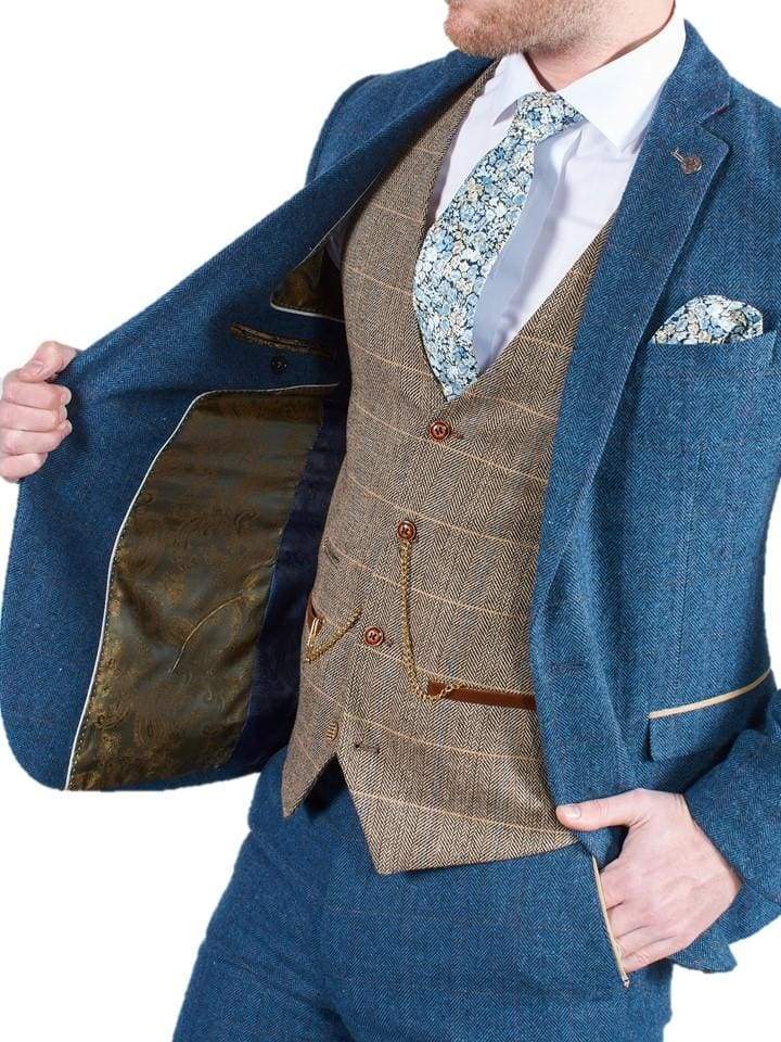 Marc Darcy Dion Blue Tweed 3-Piece Wedding Suit with Tan Brown Waistcoat - Perfect for Formal Events, Weddings & Special Occasions