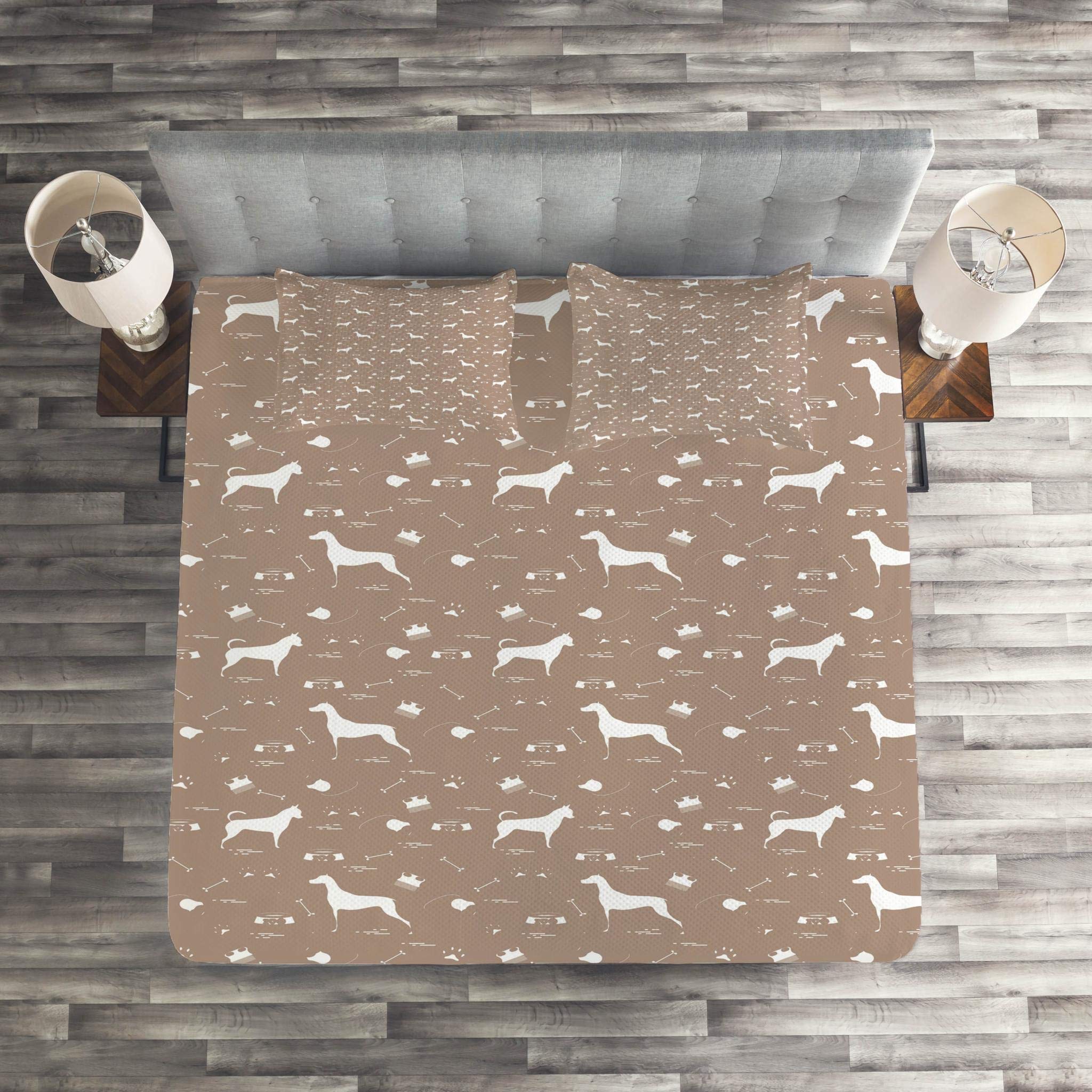 Lunarable 3-Piece King Size Dog Bone Quilt Set - Greyhound Silhouette & Animal Print Bedspread with 2 Pillow Shams, Warm Taupe & White Decorative Comforter | Perfect for Pet Lovers' Bedroom, Dog Theme Home Decor, Cozy Winter Bedding