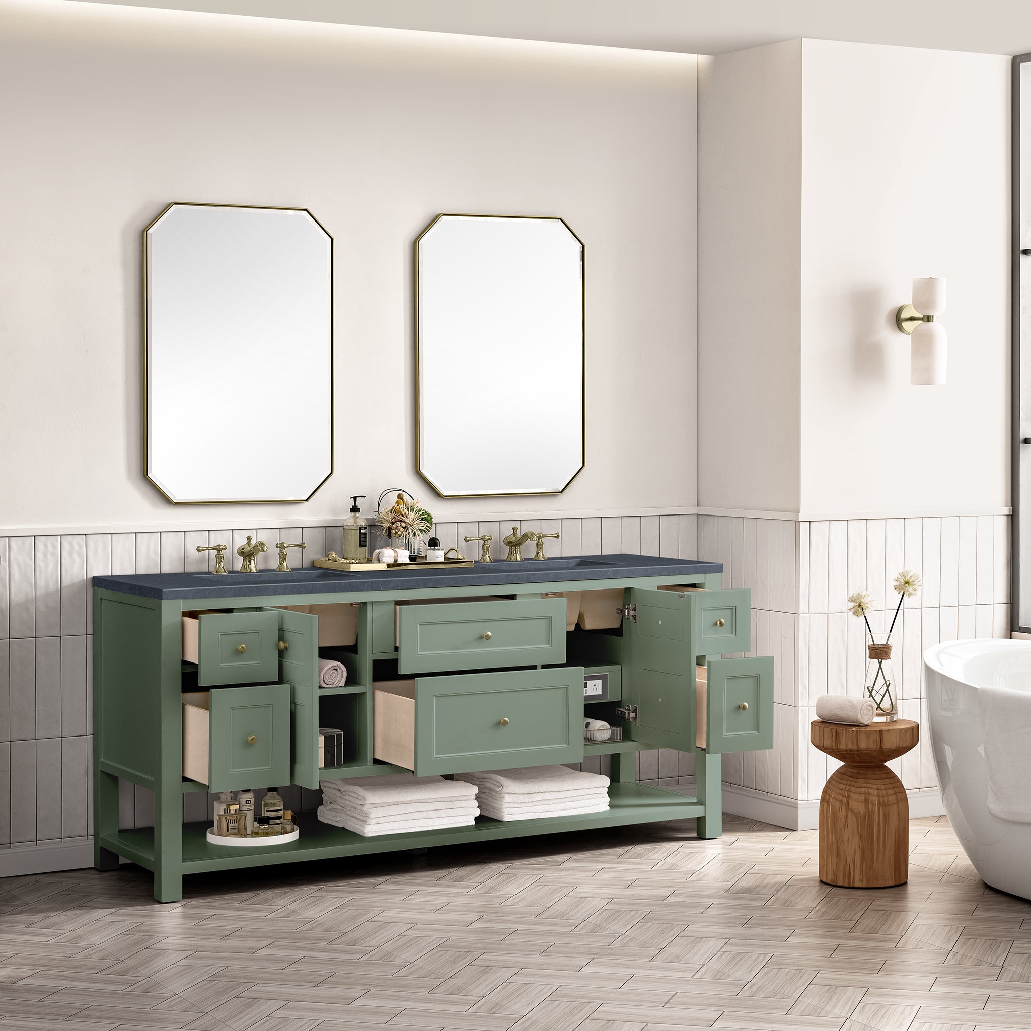 Breckenridge 72 Inch Double Vanity with Smokey Celadon Finish and 3CM Charcoal Soapstone Top - Perfect for Modern Bathroom Renovations and Master Suite Upgrades