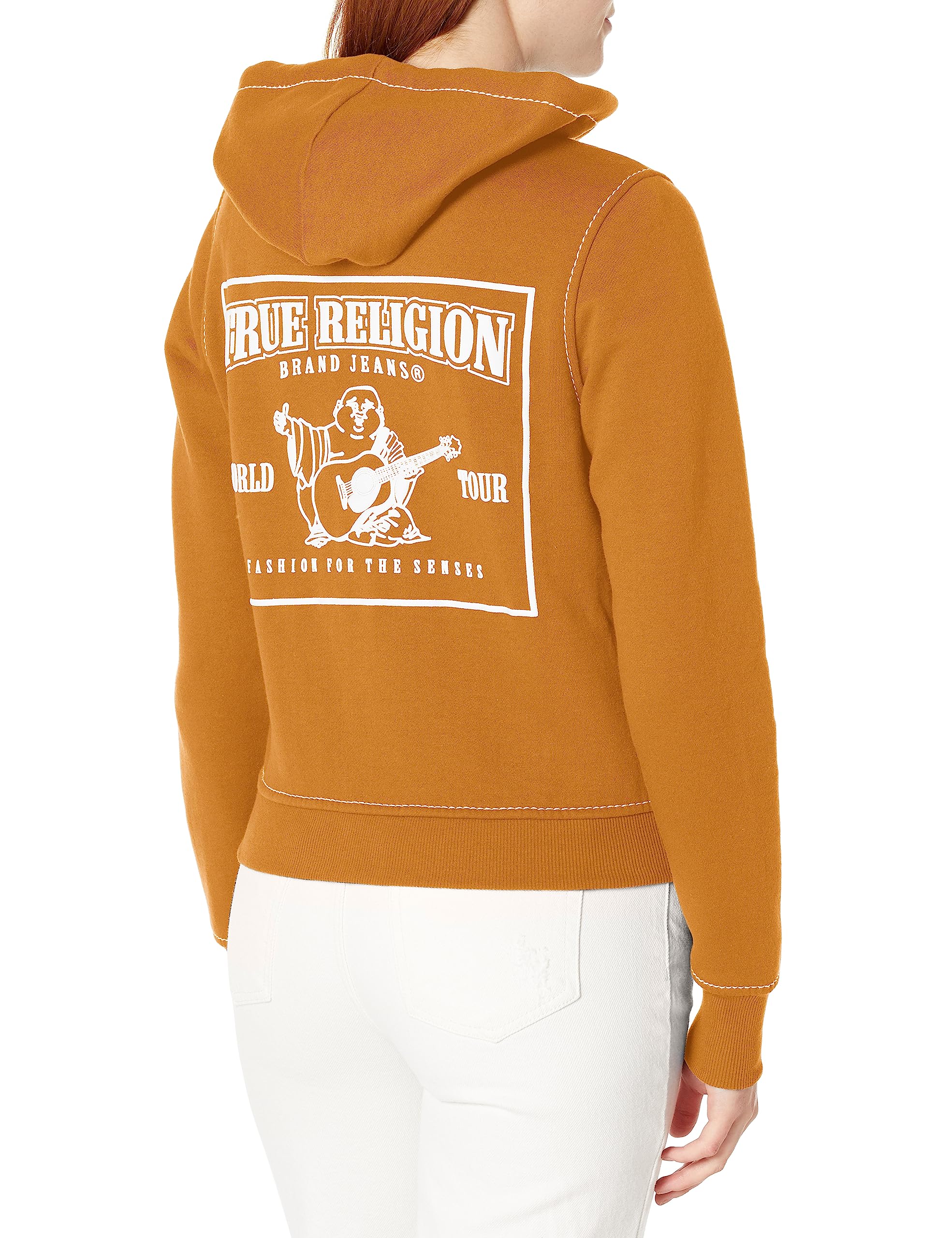 True Religion Women's Big T Classic Zip Hoodie - Soft Fleece Pullover with Front Pockets for Casual Wear & Lounge
