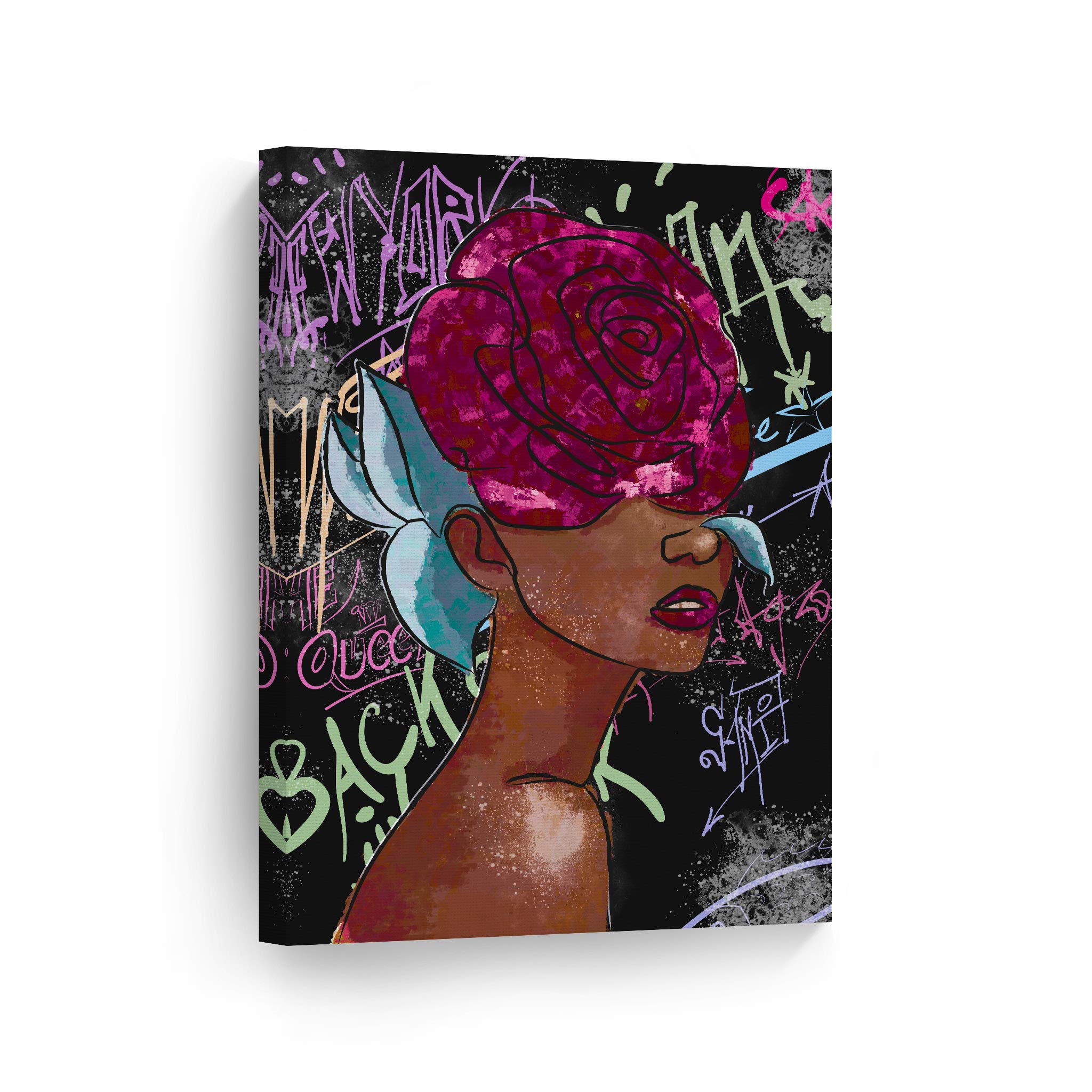 African American Wall Art Canvas Print - Black Girl with Pink Rose Pop Art Decor - 40x30 Inch Modern Black Art for Living Room, Bedroom & Office - Unique African American Cultural Home Decor Gift