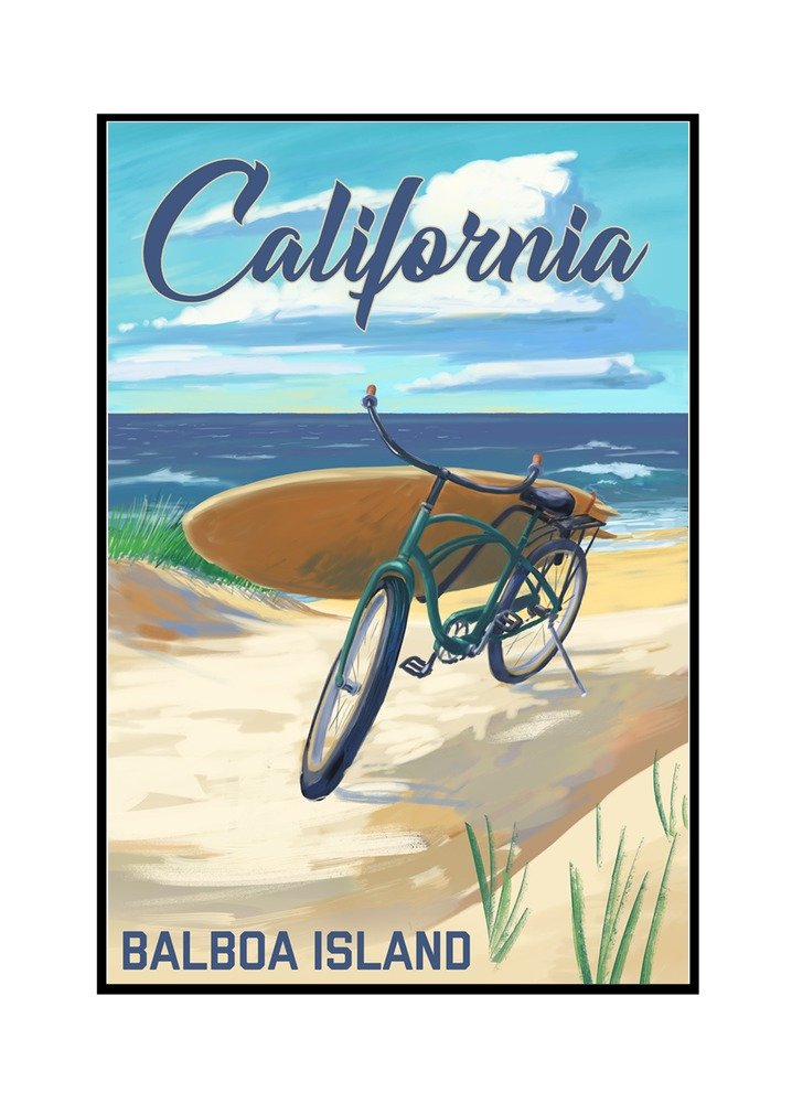 Balboa Island California Beach Cruiser Art - 12x18 Stretched Canvas in Wooden Frame - Perfect for Coastal Home Decor & Beach House Wall Art