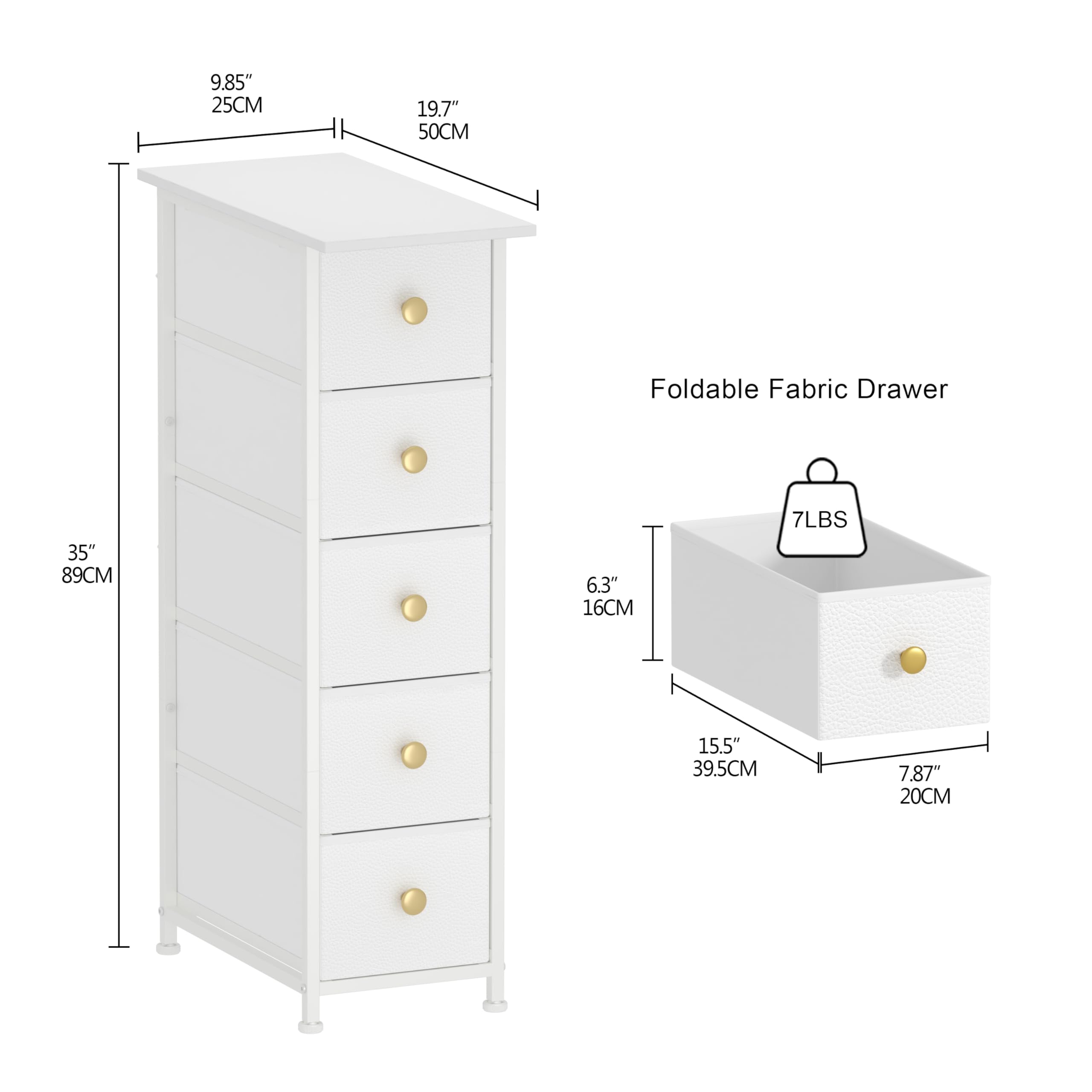 Narrow Vertical Slim Dresser Cabinet - 5 Drawer Skinny Storage Tower for Small Spaces, Gaps, Closet, Bedroom & Bathroom | Space-Saving Fabric Drawer Unit (White) | Perfect for Apartments, Dorms & Tiny Homes