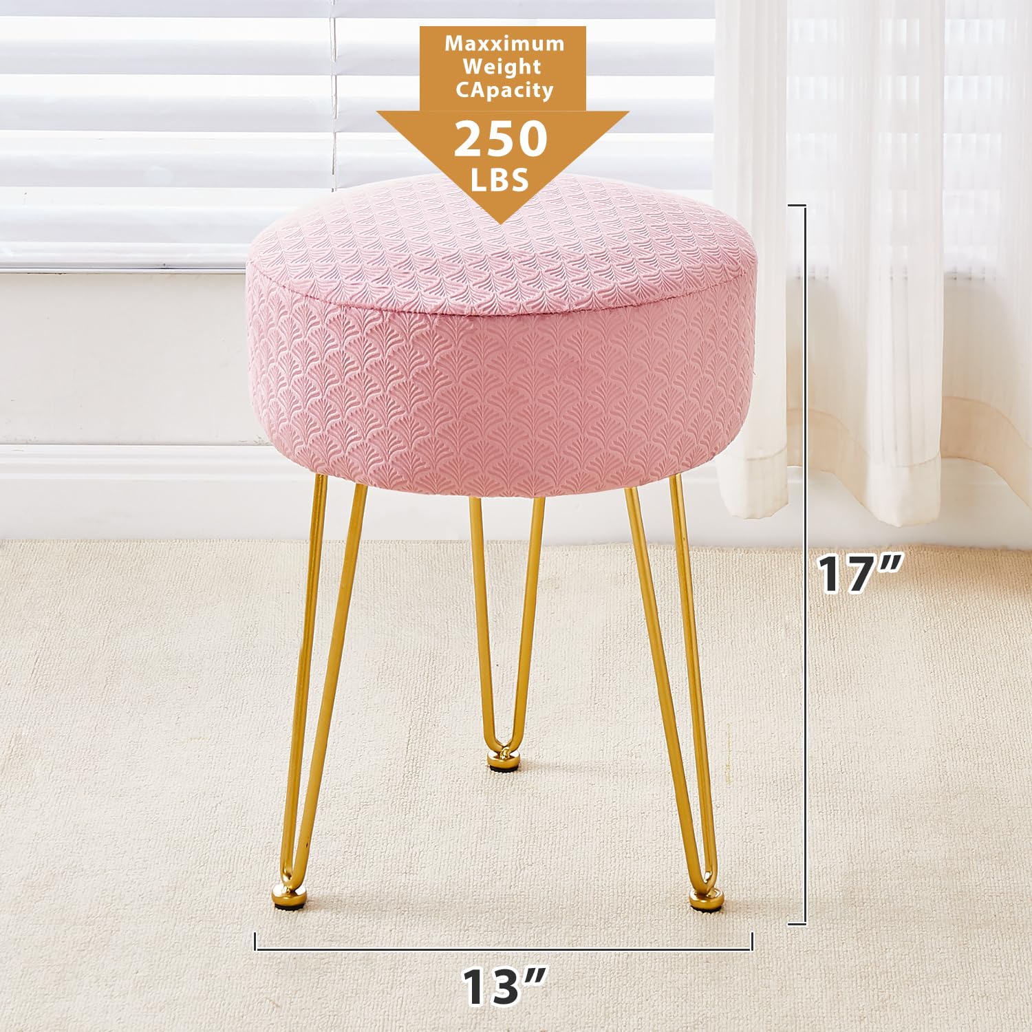 Velvet Ottoman Stool with Metal Legs - Pink Vanity Stool for Living Room & Bedroom