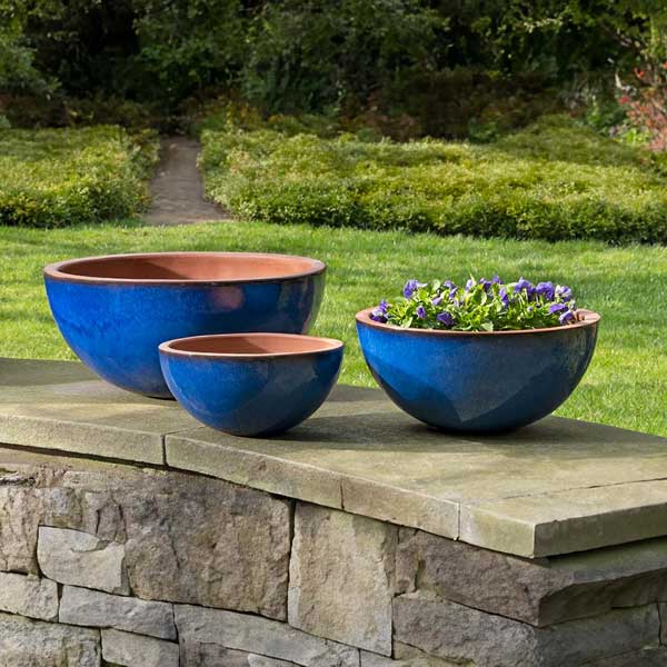 Glenside Bowl Planter Set of 3 - Riviera Blue Ceramic Garden Planters for Indoor & Outdoor Decor by Campania International | Perfect for Patio, Deck, and Home Garden Decorations