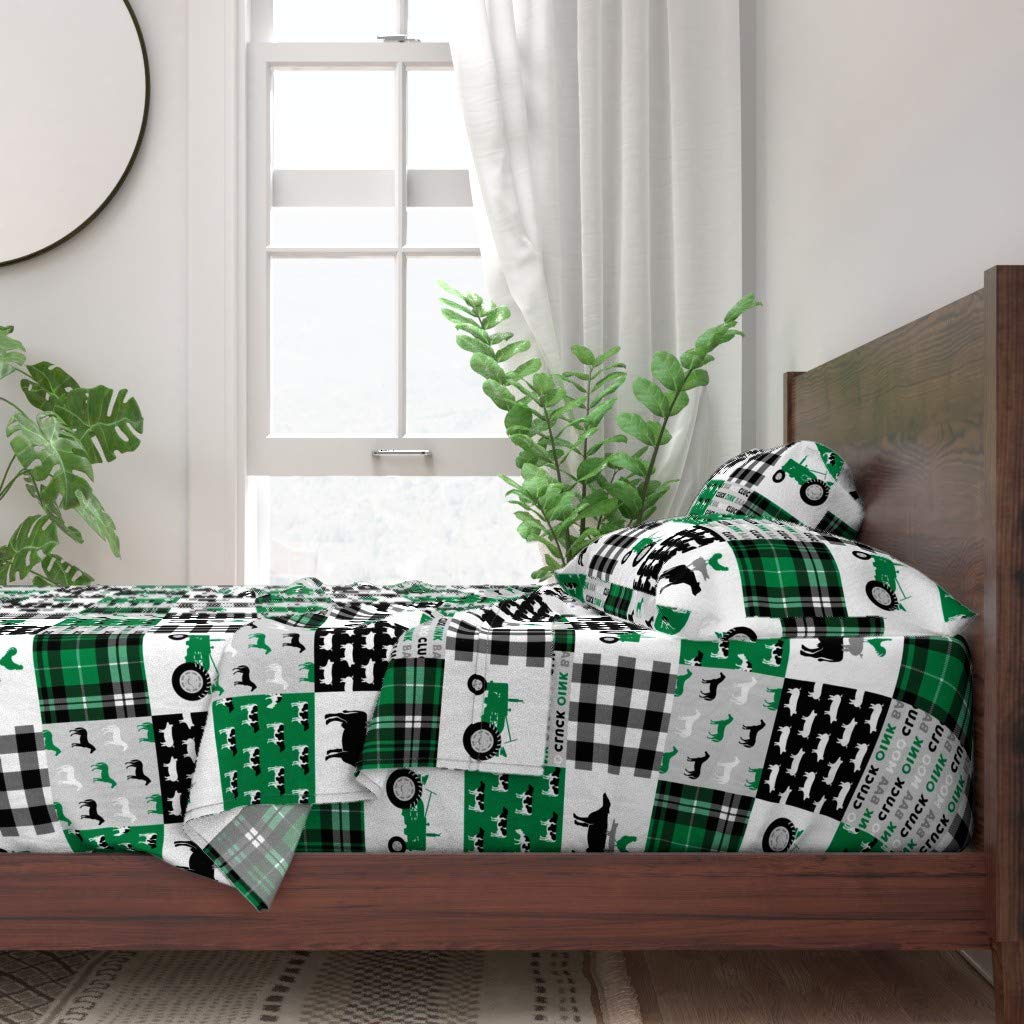 100% Cotton Twin Sheet Set 3pc - Farm Life Black Green Tractor Plaid Woodgrain Baby Print Custom Bedding | Soft Breathable Sheets for Nursery, Kids Room & Farmhouse Decor