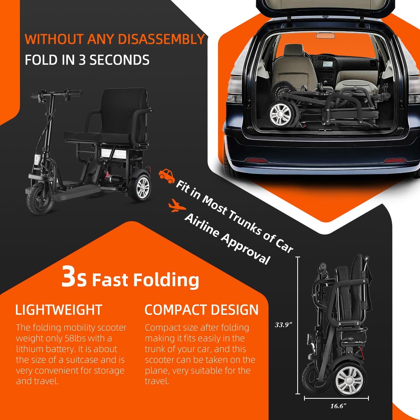 12Ah Airline Approved Mobility Scooter for Adults - Lightweight, No Assembly Required, Includes Battery & Charger - Perfect for Travel, Shopping & Outdoor Activities