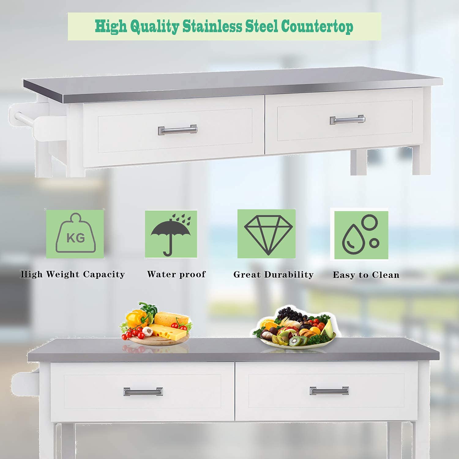 RASOO White Kitchen Island Cart with Stainless Steel Top, 2 Drawers & Storage Shelves, Mobile Kitchen Cart on Wheels 47.24