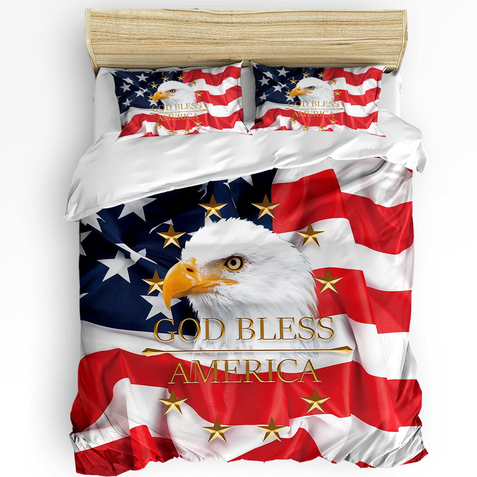 LooPoP USA Flag 3-Piece Duvet Cover Set - Twin Size with Comforter & Pillow Shams | Super Soft Anti-Wrinkle Bedding for All Seasons | Patriotic Eagle Design for Bedroom Decor | Perfect for Independence Day, Memorial Day & American-Themed Rooms