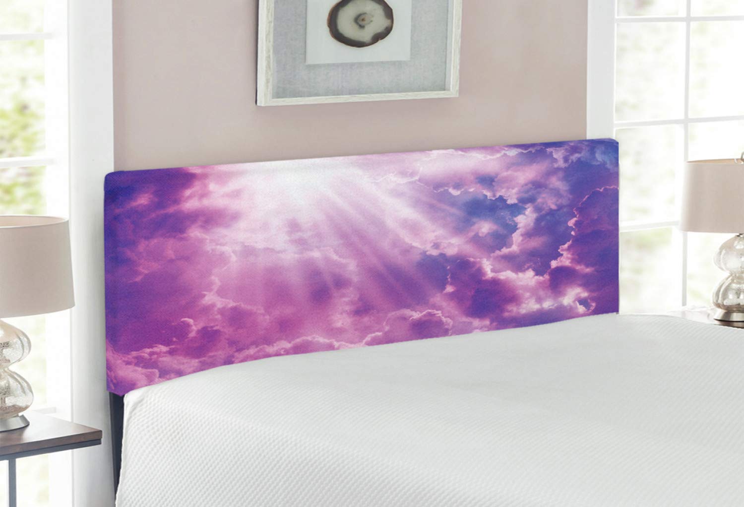 Ambesonne Upholstered Landscape Headboard - Dramatic Sky with Sun & Clouds, Majestic Sun Rays, Memory Foam Support, Full Size Bed Frame (Purple & White) for Bedroom Decor & Cozy Home Atmosphere
