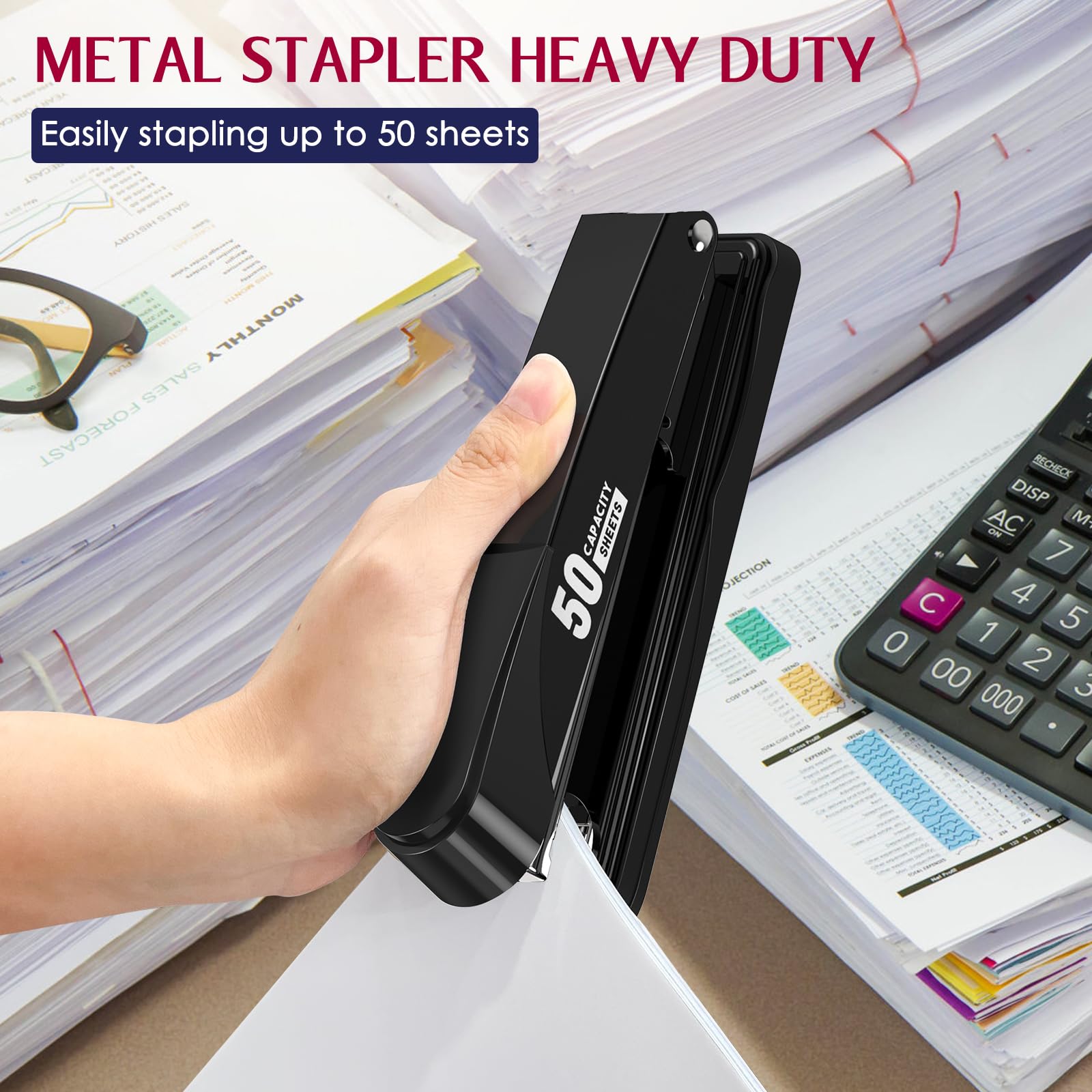 Heavy Duty Metal Stapler - 50 Sheet Capacity with 1750 Staples & Staple Remover - No Jam Office Desk Stapler for Office, School, Classroom & Home Use - Non-Slip Design - Includes Full Strip Staples - Black