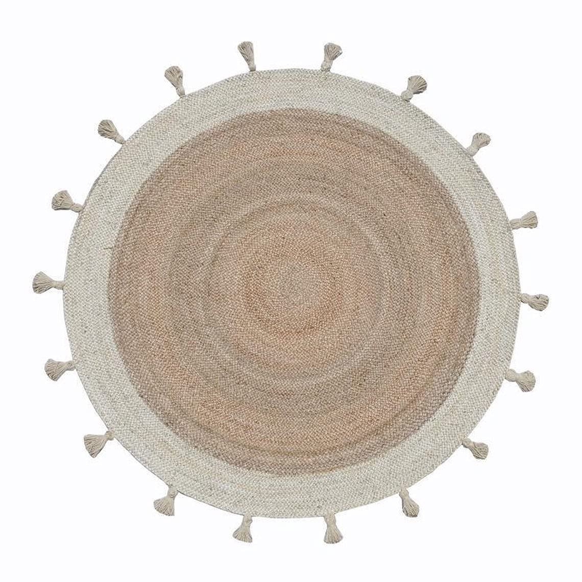 Handmade Bohemian Reversible Cotton Yoga Mat - Indian Chindi Jute Bath Rug with Frills (10x10) - Beige Round Braided for Yoga, Meditation & Boho Home Decor