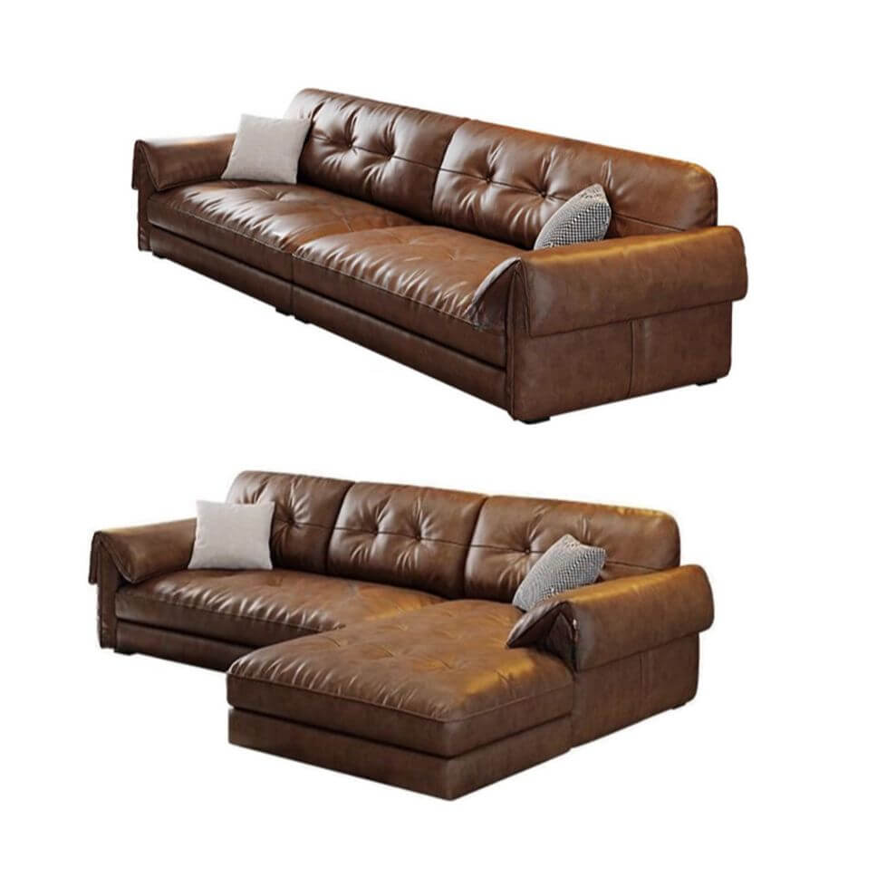 Minimalist Waterproof Auburn Leather Floor Sofa - 3/4 Seater Modern Sectional Couch for Living Room, Lounge & Small Spaces