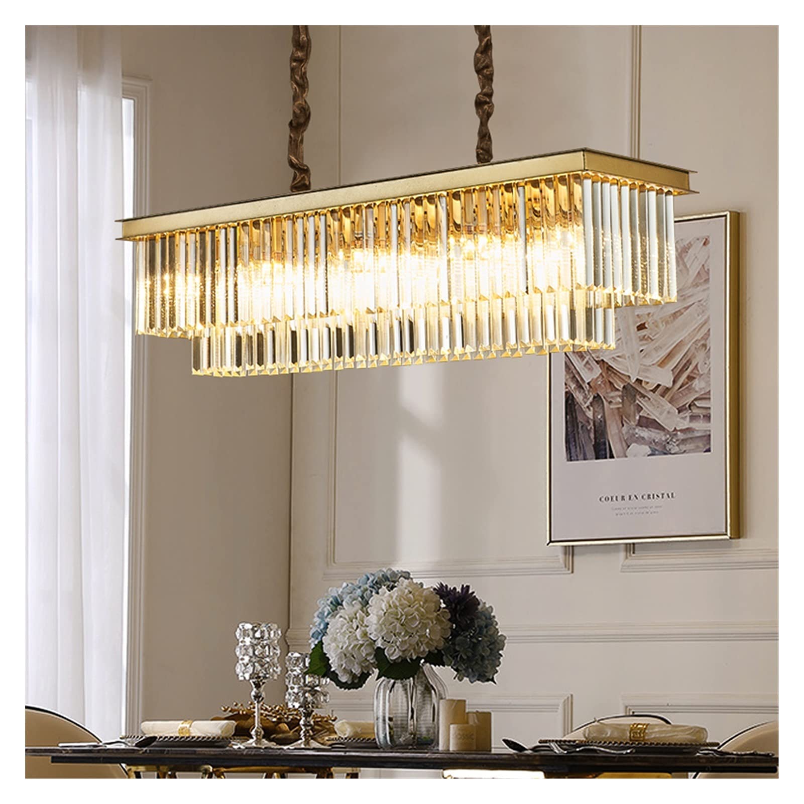 Modern Rectangle Gold Crystal LED Chandelier - Indoor Dining Room Lighting Fixture for Elegant Home Decor | Perfect for Dining Rooms, Living Rooms, and Bedrooms