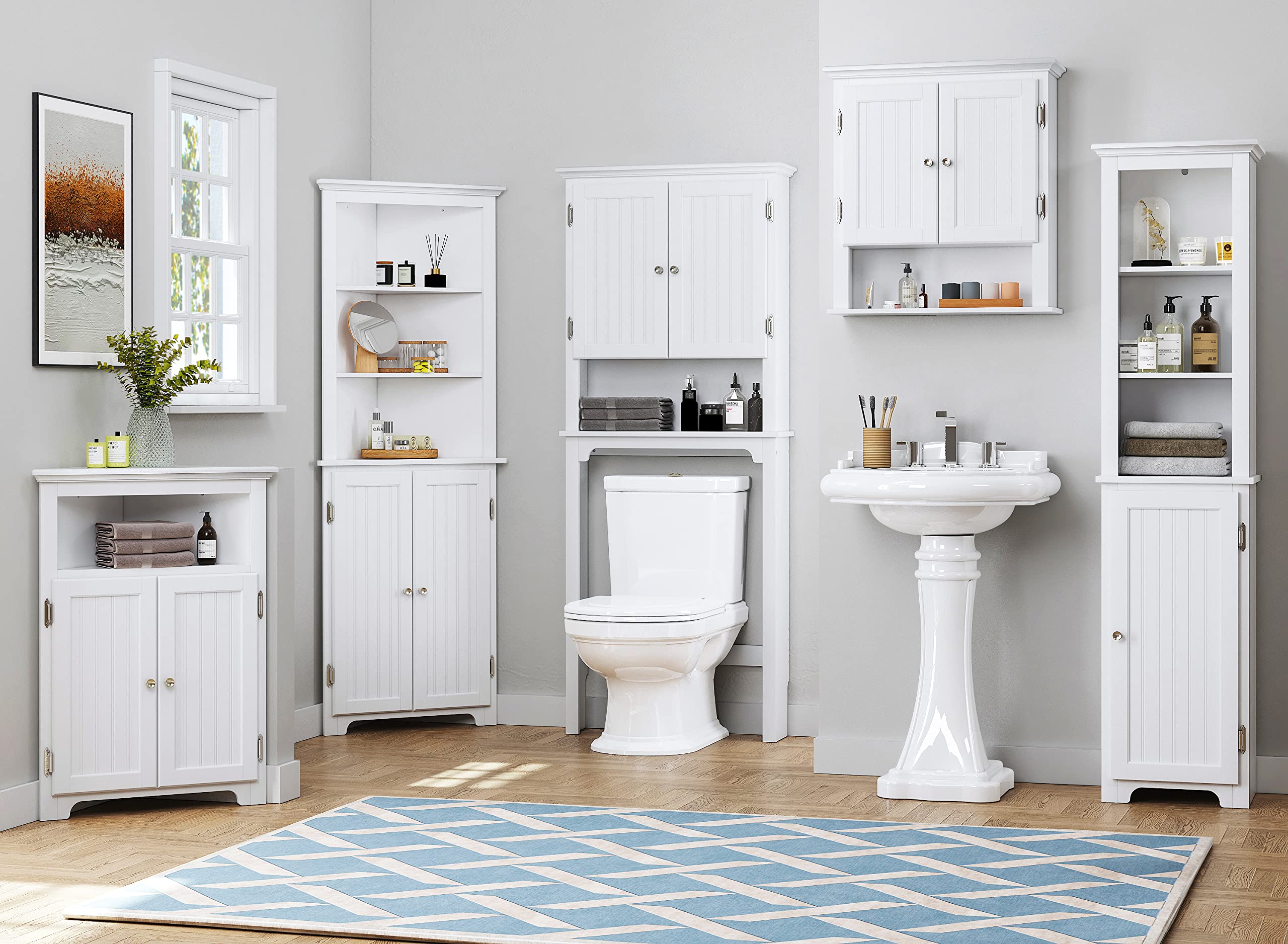 UTEX White Freestanding Corner Storage Cabinet with Adjustable Shelves - Narrow Bathroom, Kitchen & Living Room Organizer for Small Spaces - Perfect for Toiletries, Cleaning Supplies & Home Decor