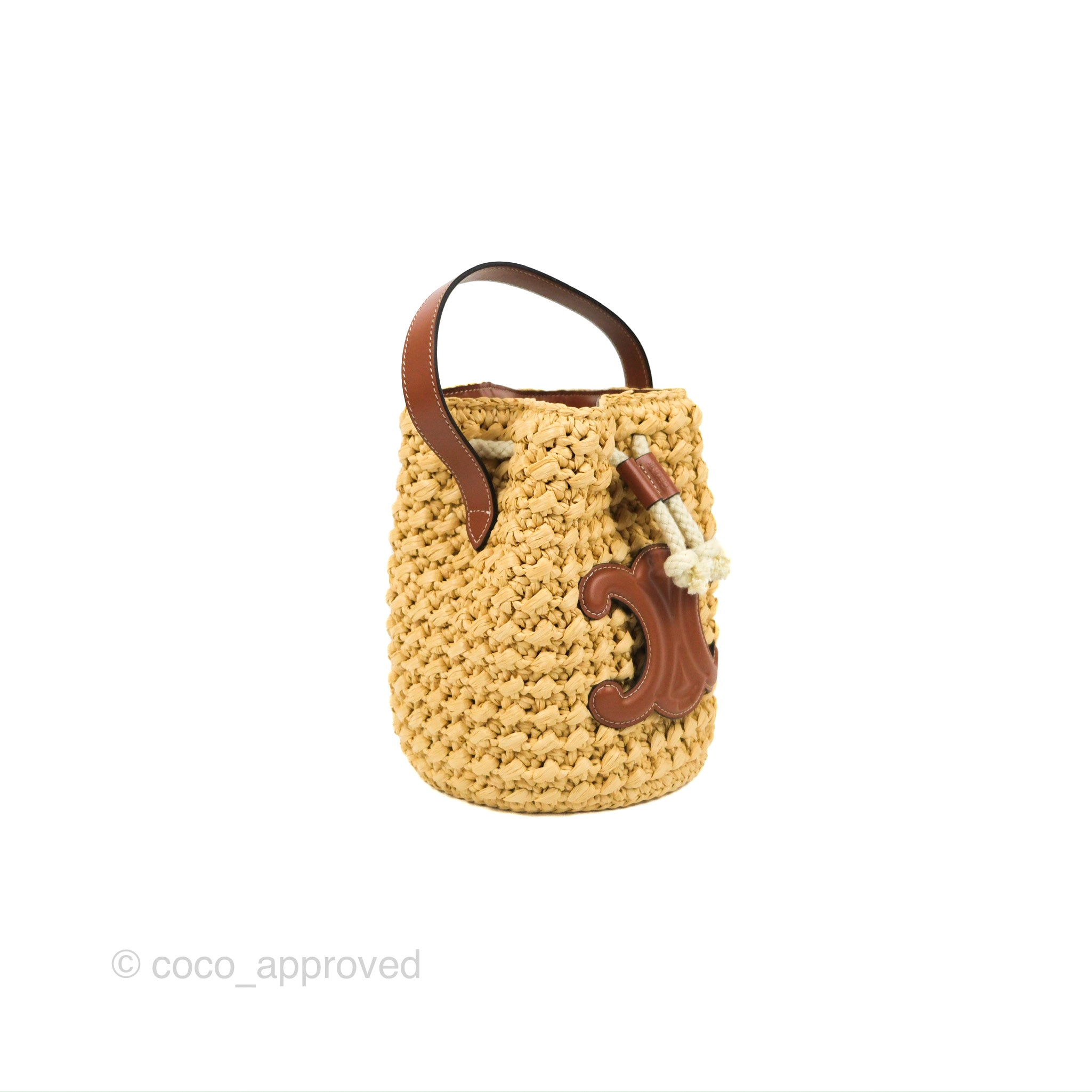 Celine Teen Drawstring Bucket Bag in Raffia & Natural Tan Calfskin - Stylish Summer Beach Tote for Women | Perfect for Vacation, Travel and Everyday Use