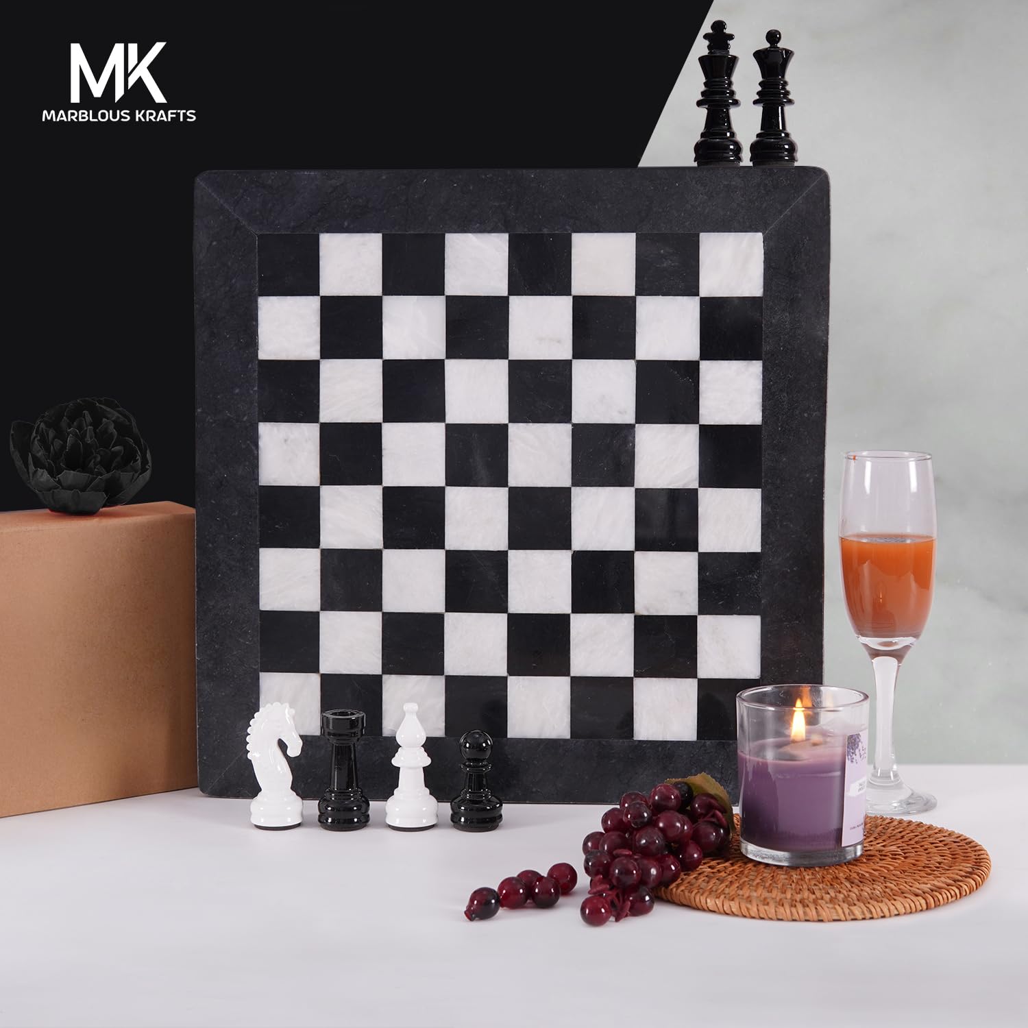 Premium 15-Inch Black & White Chess Set with Marble Board, 32 Metallic Chess Pieces & 2 Extra Queens - Classic 2-Player Strategy Board Game for Adults | Perfect for Home Decor, Office, Gifts & Family Game Nights