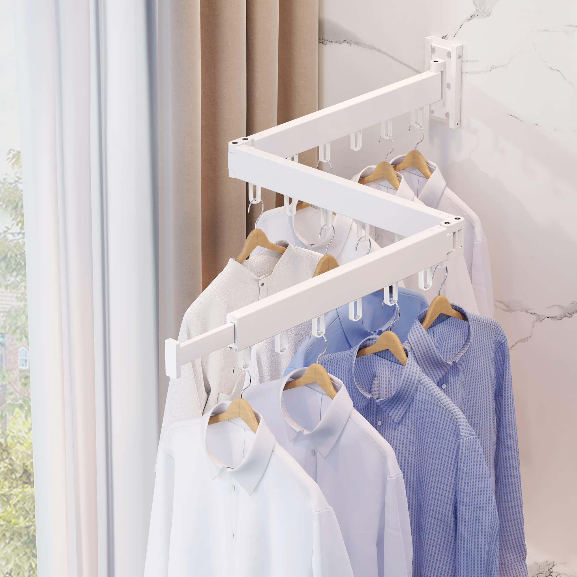 Wall Mounted Drying Rack - Foldable & Retractable Clothes Hanger for Laundry - Space Saving Collapsible Garment Rack with Hooks (White) - Perfect for Small Apartments, Bathrooms & Balconies