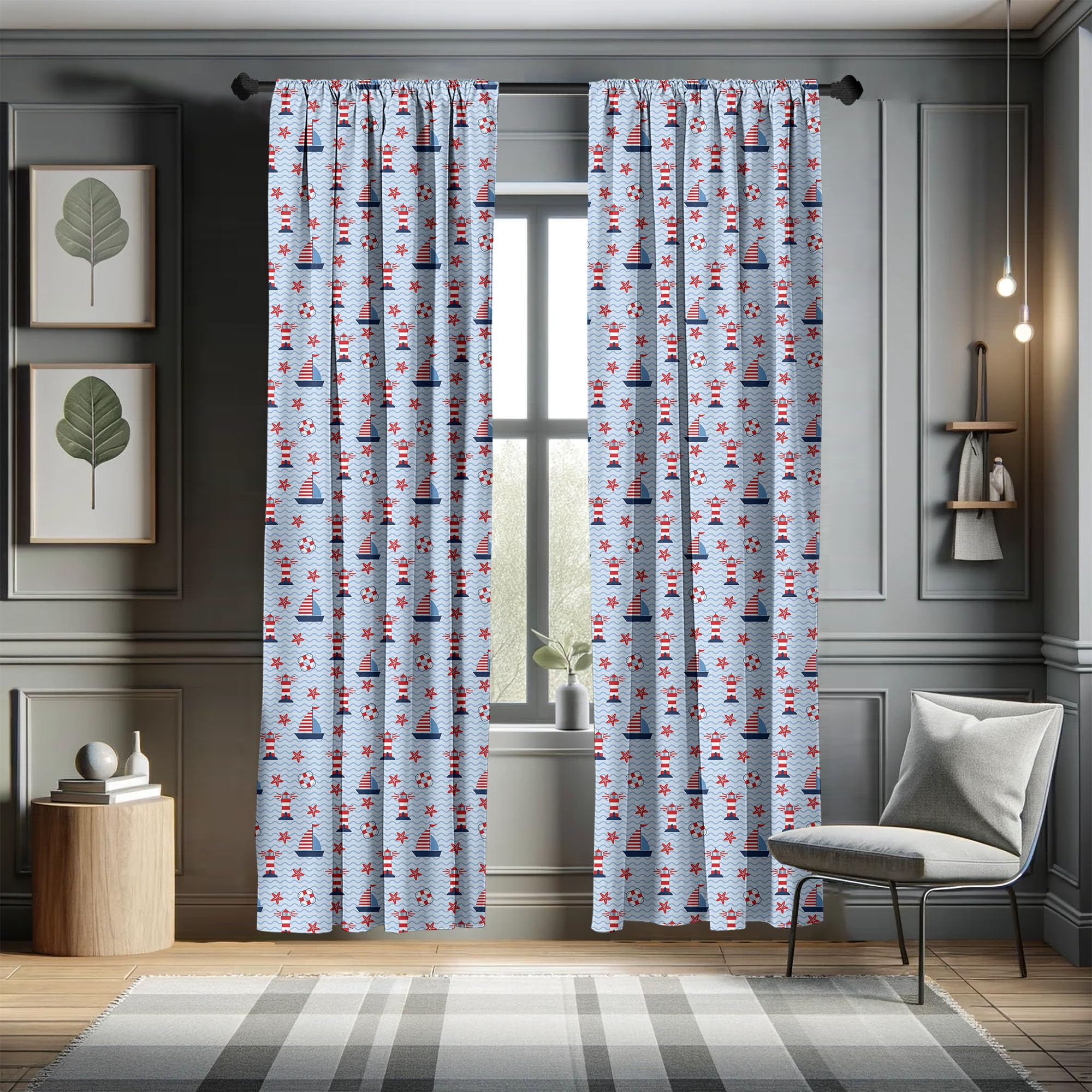 Ambesonne Lighthouse Curtains - Coastal Nautical Design with Sea Waves, Boats & Starfish - 2 Panel Window Treatments Set (28