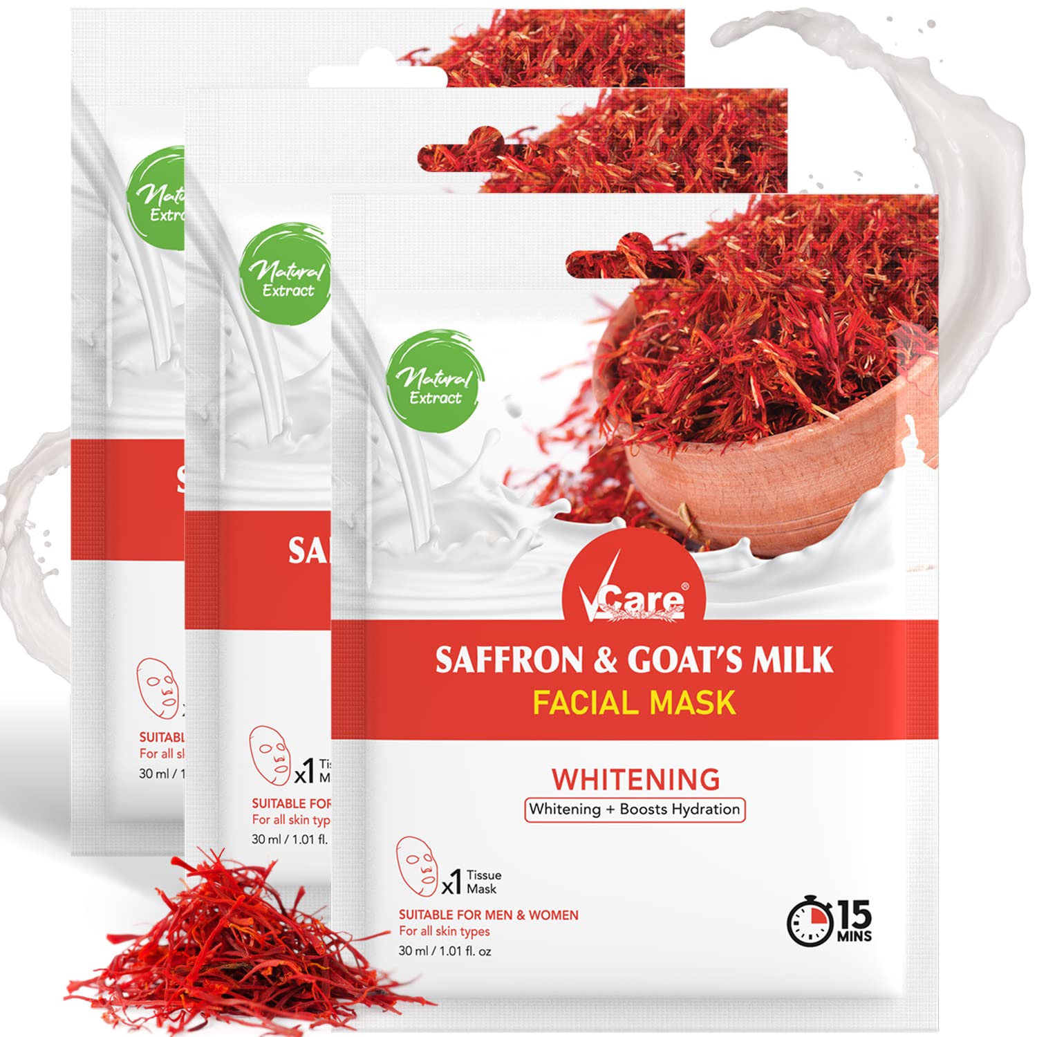 VCare Brightening Facial Mask with Saffron & Goat Milk - Skin Care Mask for Glowing Skin, Tan Removal & Dry Skin Relief | Pack of 3 | Perfect for Daily Skincare Routine & Spa Treatments