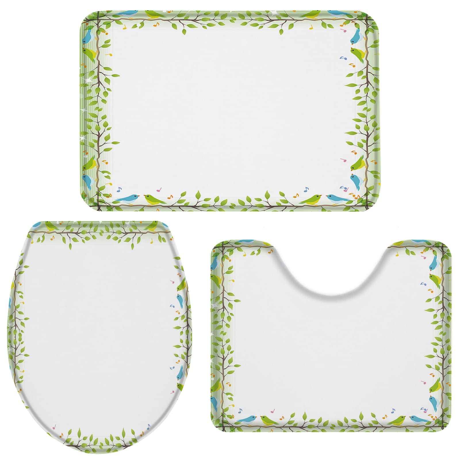 Easter Memory Foam Bath Mat Set - 3 Piece Absorbent Anti-Slip Bathroom Rugs with Soft Drying Surface, Washable Shower Mats for Tub & Bathroom Floor - Green Twigs Bird Design on White - Perfect for Easter Decor, Bathroom Safety & Cozy Home Comfort